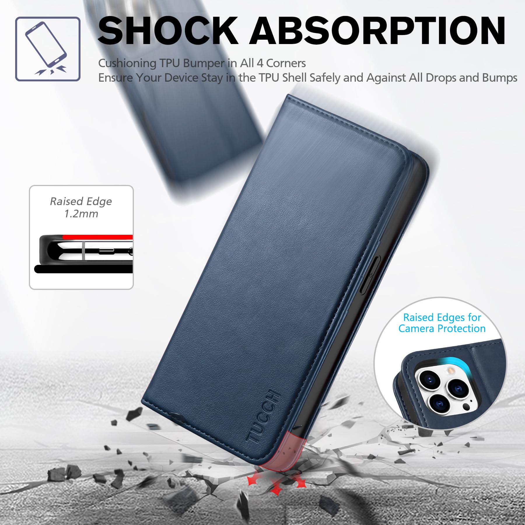 TUCCH Wallet Case for iPhone 14 Pro 6.1 5G, PU Leather Folio Case with [RFID Blocking] [3 Card Slot], Kickstand Book Design [Shockproof TPU Interior Case] Compatible with iPhone 14 Pro, Dark Blue