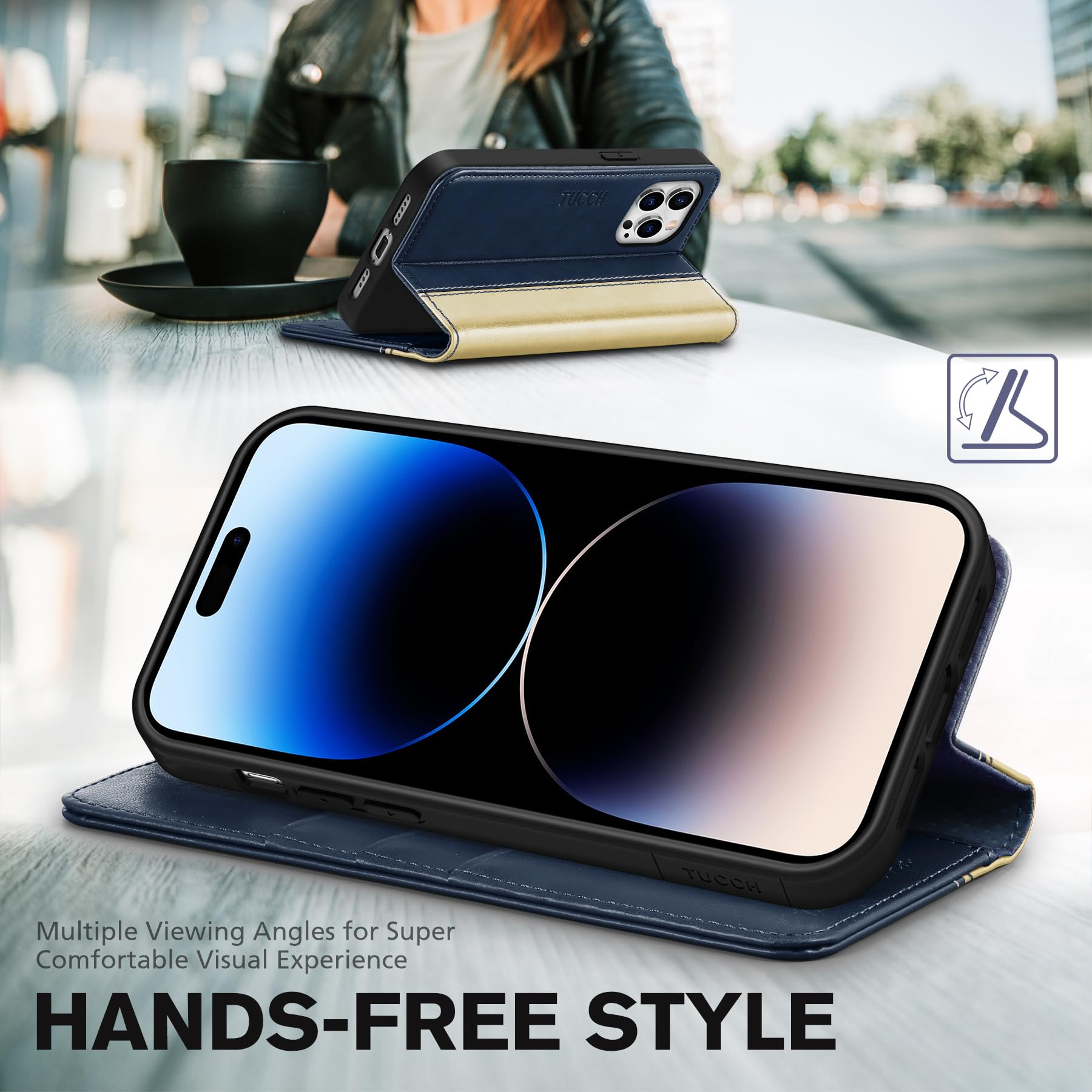 TUCCH Wallet Case for iPhone 14 Pro 6.1 5G, PU Leather Folio Case with [RFID Blocking] [3 Card Slot], Kickstand Book Design [Shockproof TPU Interior Case] Compatible with iPhone 14 Pro, Dark Blue