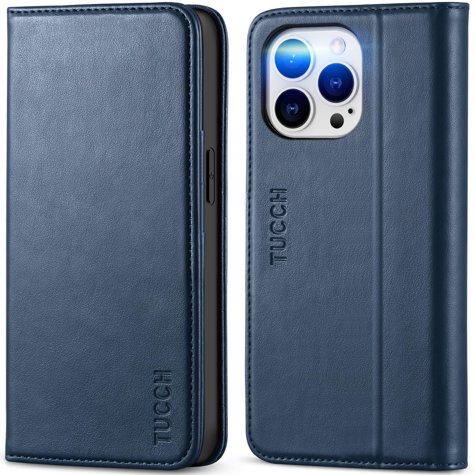 TUCCH Wallet Case for iPhone 14 Pro 6.1 5G, PU Leather Folio Case with [RFID Blocking] [3 Card Slot], Kickstand Book Design [Shockproof TPU Interior Case] Compatible with iPhone 14 Pro, Dark Blue