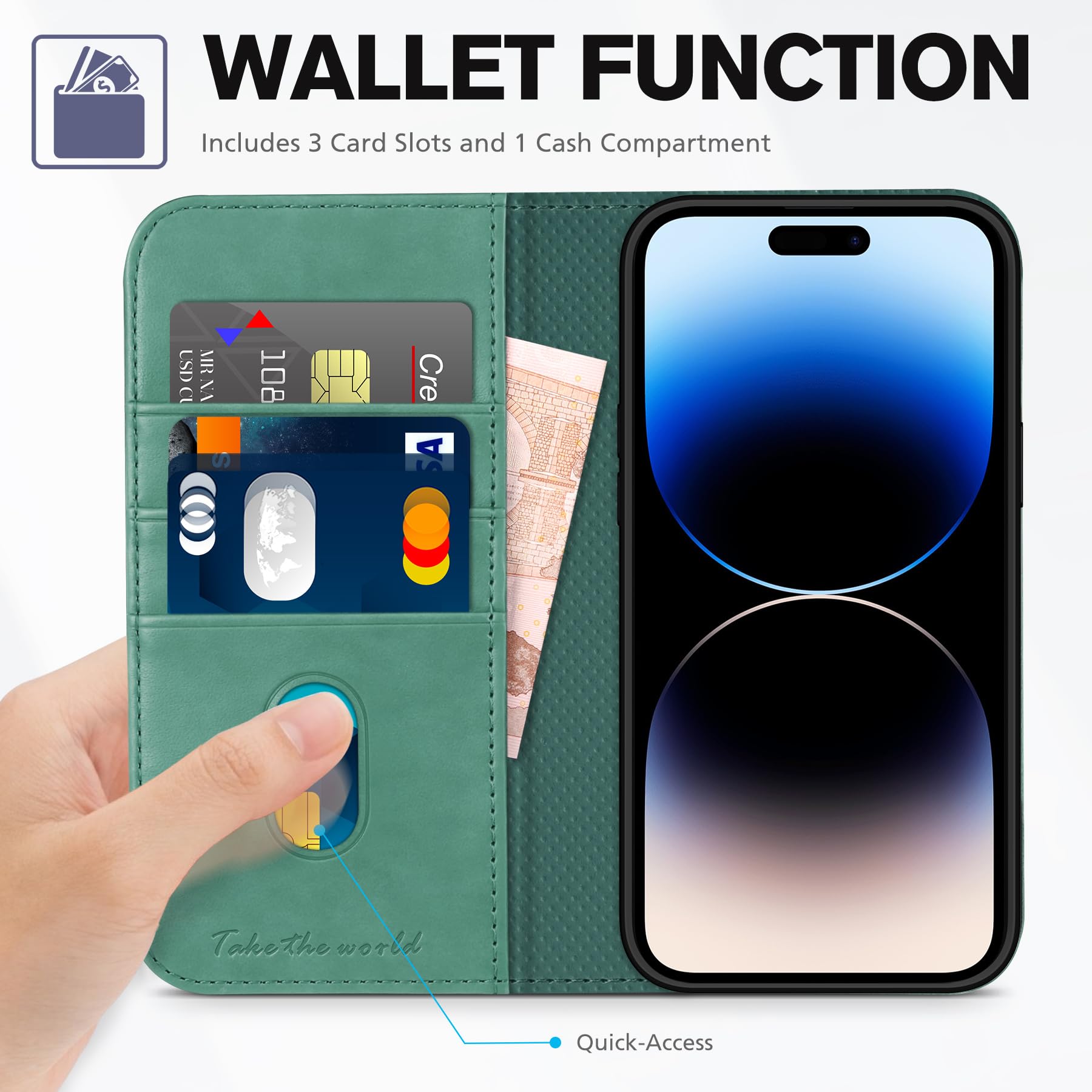TUCCH Wallet Case for iPhone 14 Pro 6.1 5G, PU Leather Folio Case with [RFID Blocking] [3 Card Slot], Kickstand Book Design [Shockproof TPU Interior Case] Compatible with iPhone 14 Pro, Dark Blue