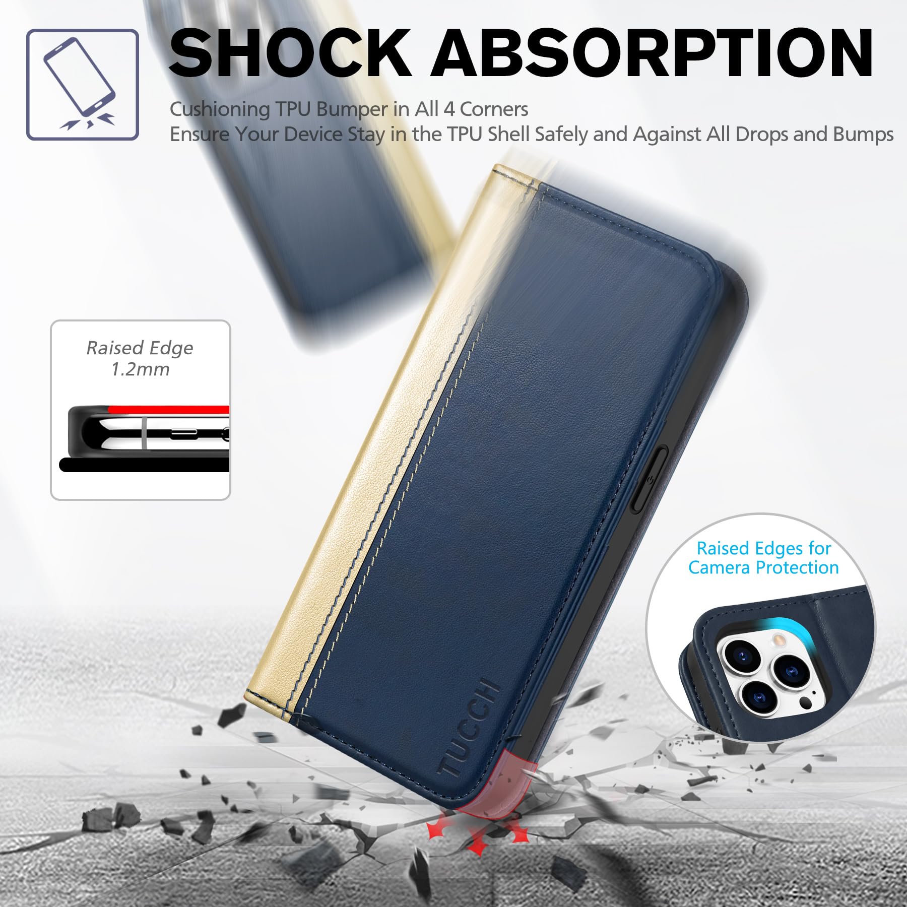 TUCCH Wallet Case for iPhone 14 Pro 6.1 5G, PU Leather Folio Case with [RFID Blocking] [3 Card Slot], Kickstand Book Design [Shockproof TPU Interior Case] Compatible with iPhone 14 Pro, Dark Blue