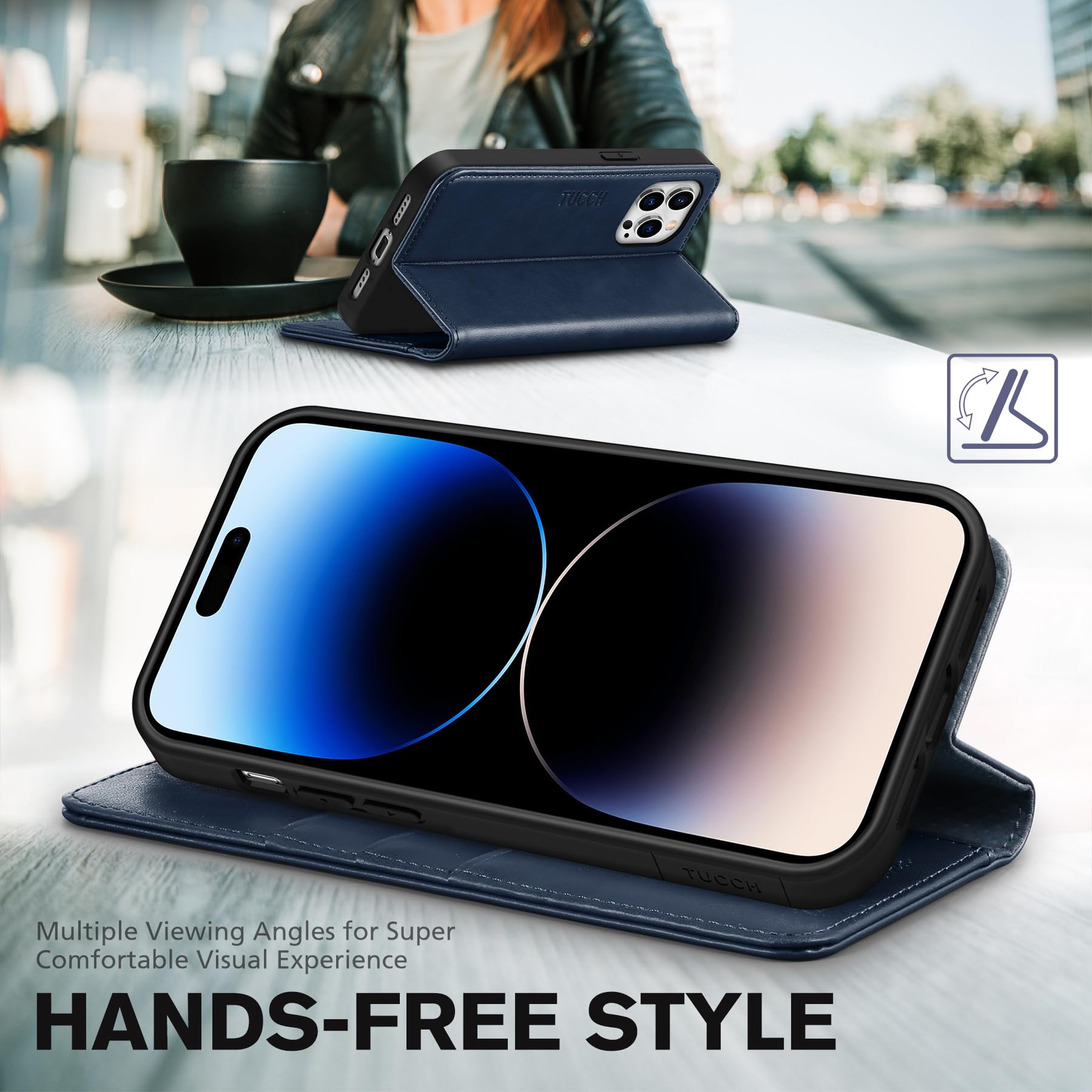 TUCCH Wallet Case for iPhone 14 Pro 6.1 5G, PU Leather Folio Case with [RFID Blocking] [3 Card Slot], Kickstand Book Design [Shockproof TPU Interior Case] Compatible with iPhone 14 Pro, Dark Blue