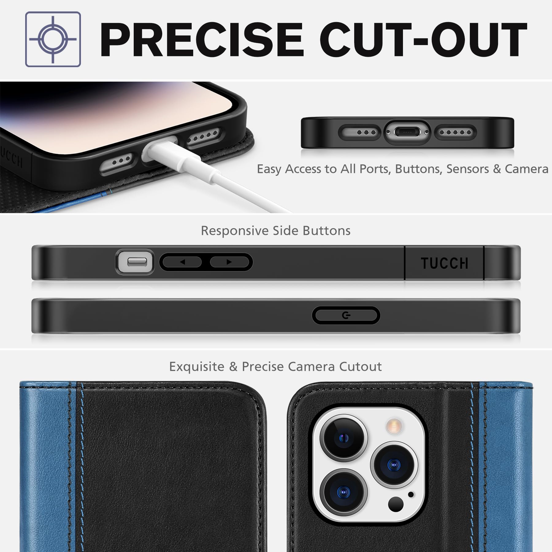 TUCCH Wallet Case for iPhone 14 Pro 6.1 5G, PU Leather Folio Case with [RFID Blocking] [3 Card Slot], Kickstand Book Design [Shockproof TPU Interior Case] Compatible with iPhone 14 Pro, Dark Blue