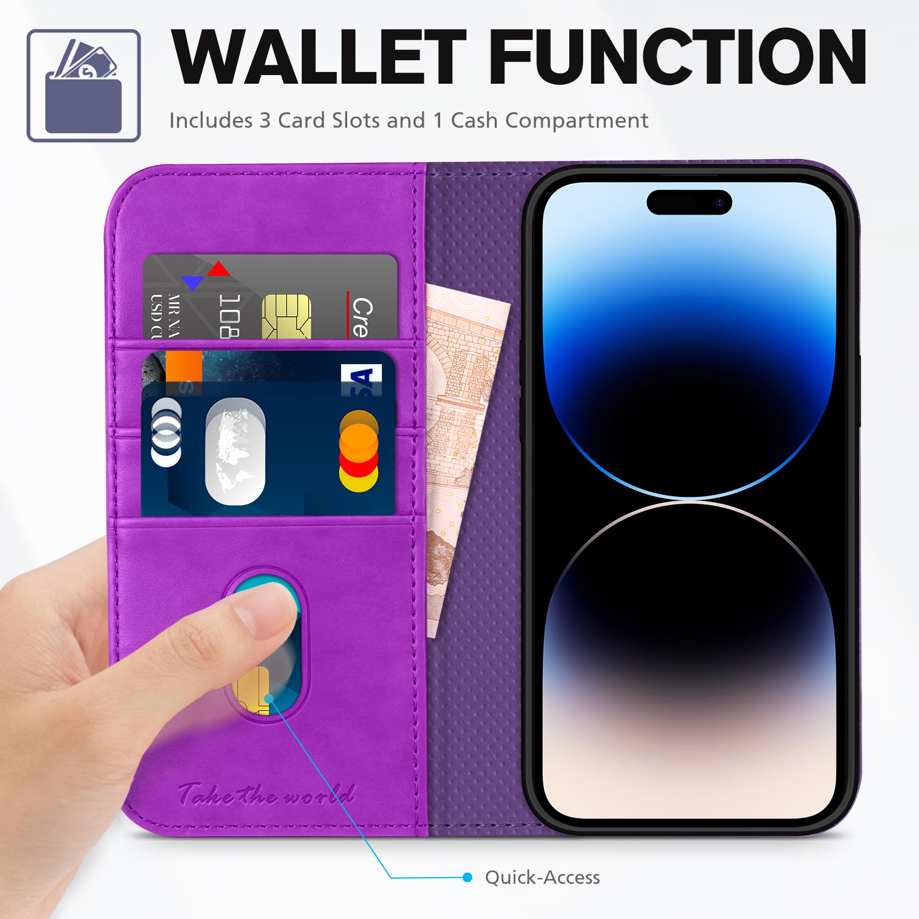 TUCCH Wallet Case for iPhone 14 Pro 6.1 5G, PU Leather Folio Case with [RFID Blocking] [3 Card Slot], Kickstand Book Design [Shockproof TPU Interior Case] Compatible with iPhone 14 Pro, Dark Blue