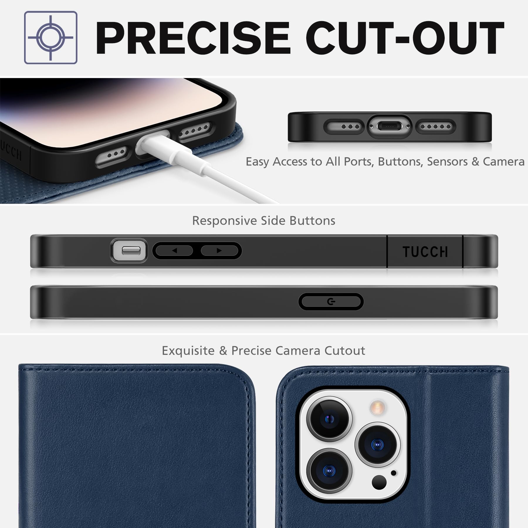 TUCCH Wallet Case for iPhone 14 Pro 6.1 5G, PU Leather Folio Case with [RFID Blocking] [3 Card Slot], Kickstand Book Design [Shockproof TPU Interior Case] Compatible with iPhone 14 Pro, Dark Blue