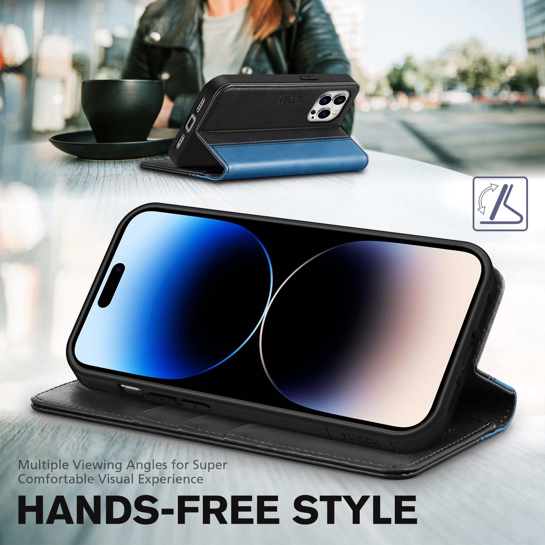 TUCCH Wallet Case for iPhone 14 Pro 6.1 5G, PU Leather Folio Case with [RFID Blocking] [3 Card Slot], Kickstand Book Design [Shockproof TPU Interior Case] Compatible with iPhone 14 Pro, Dark Blue