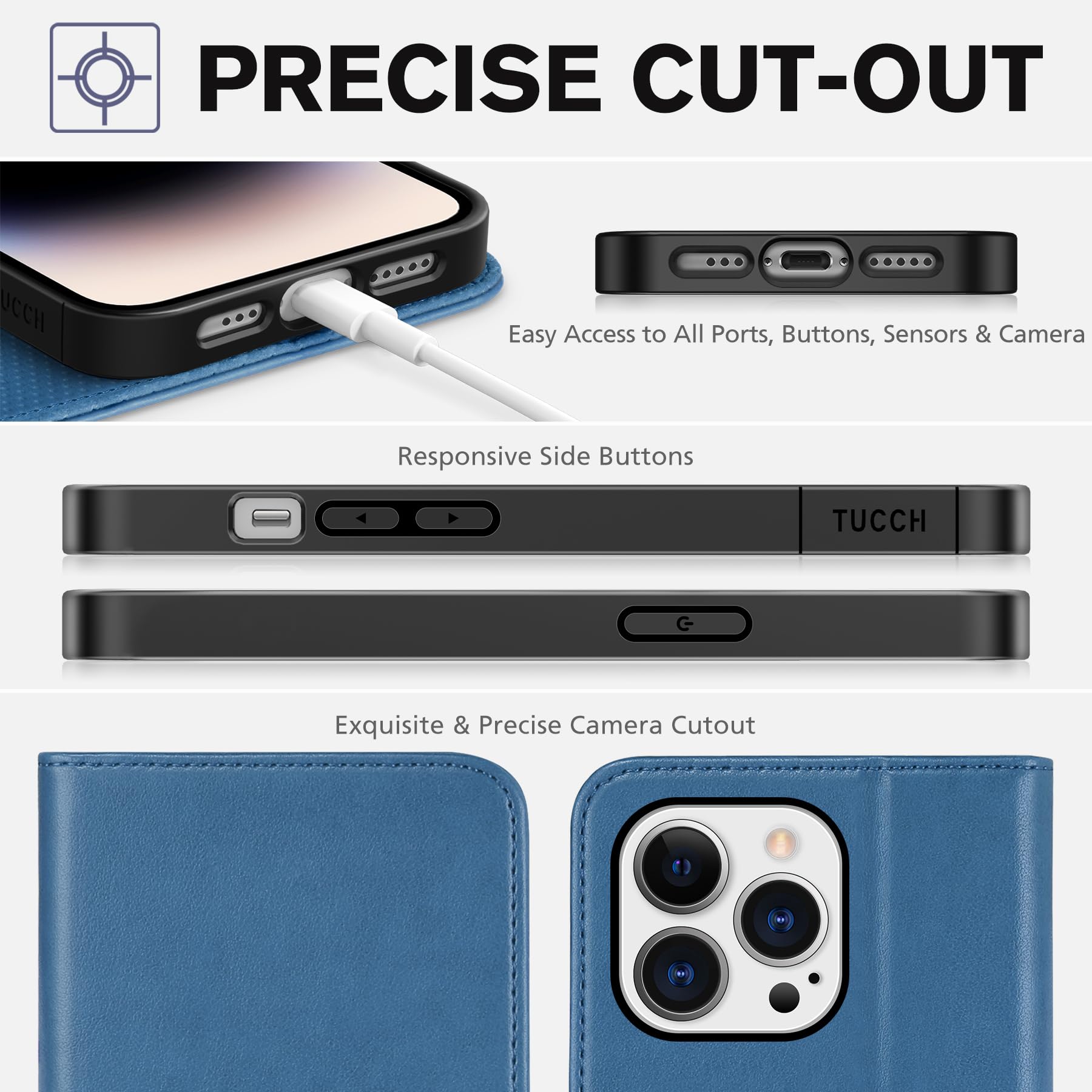 TUCCH Wallet Case for iPhone 14 Pro 6.1 5G, PU Leather Folio Case with [RFID Blocking] [3 Card Slot], Kickstand Book Design [Shockproof TPU Interior Case] Compatible with iPhone 14 Pro, Dark Blue