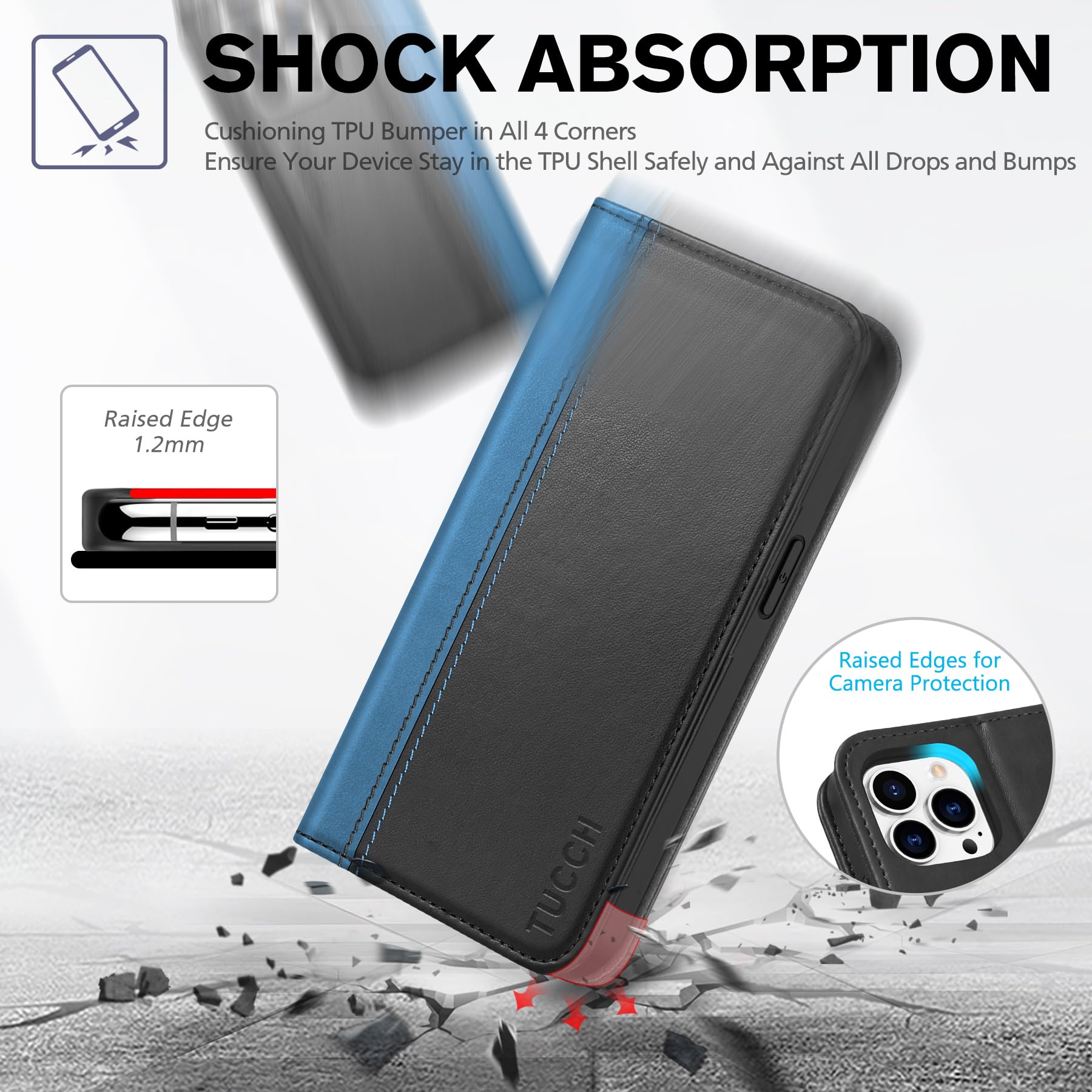TUCCH Wallet Case for iPhone 14 Pro 6.1 5G, PU Leather Folio Case with [RFID Blocking] [3 Card Slot], Kickstand Book Design [Shockproof TPU Interior Case] Compatible with iPhone 14 Pro, Dark Blue