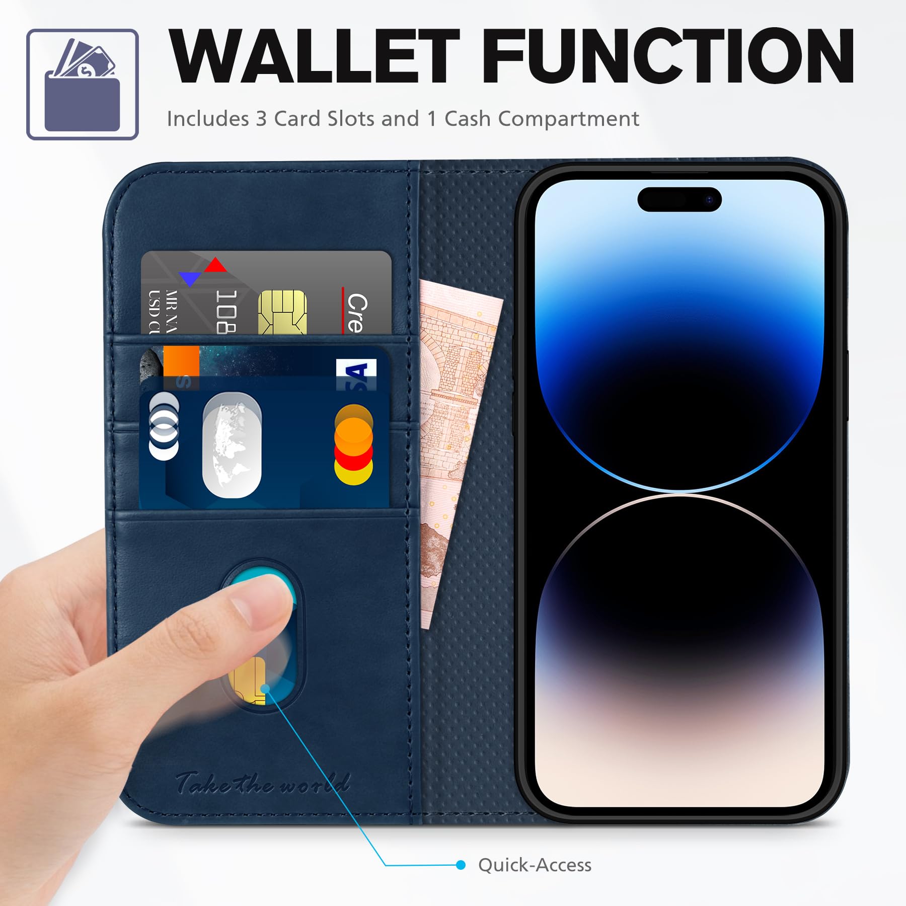 TUCCH Wallet Case for iPhone 14 Pro 6.1 5G, PU Leather Folio Case with [RFID Blocking] [3 Card Slot], Kickstand Book Design [Shockproof TPU Interior Case] Compatible with iPhone 14 Pro, Dark Blue