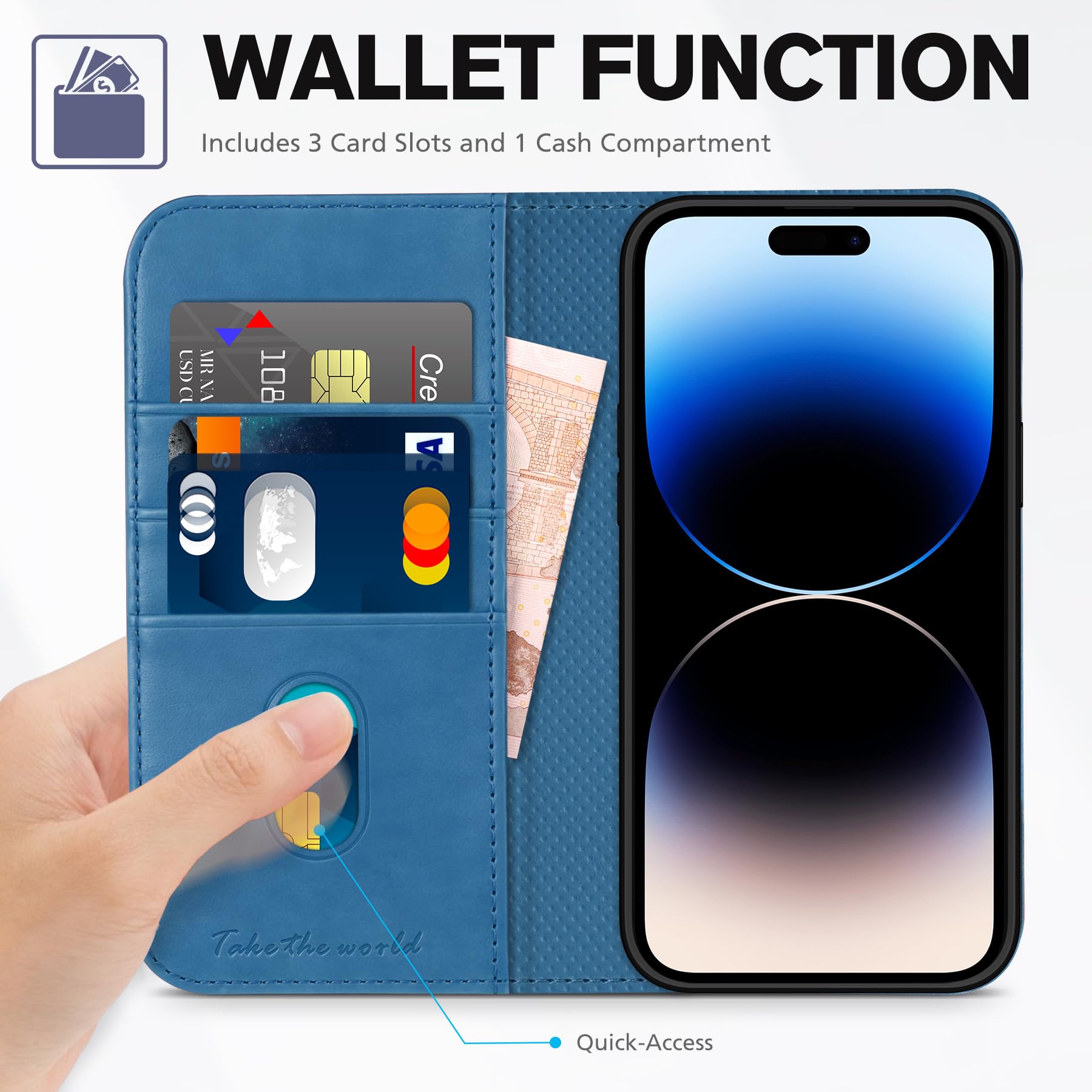 TUCCH Wallet Case for iPhone 14 Pro 6.1 5G, PU Leather Folio Case with [RFID Blocking] [3 Card Slot], Kickstand Book Design [Shockproof TPU Interior Case] Compatible with iPhone 14 Pro, Dark Blue
