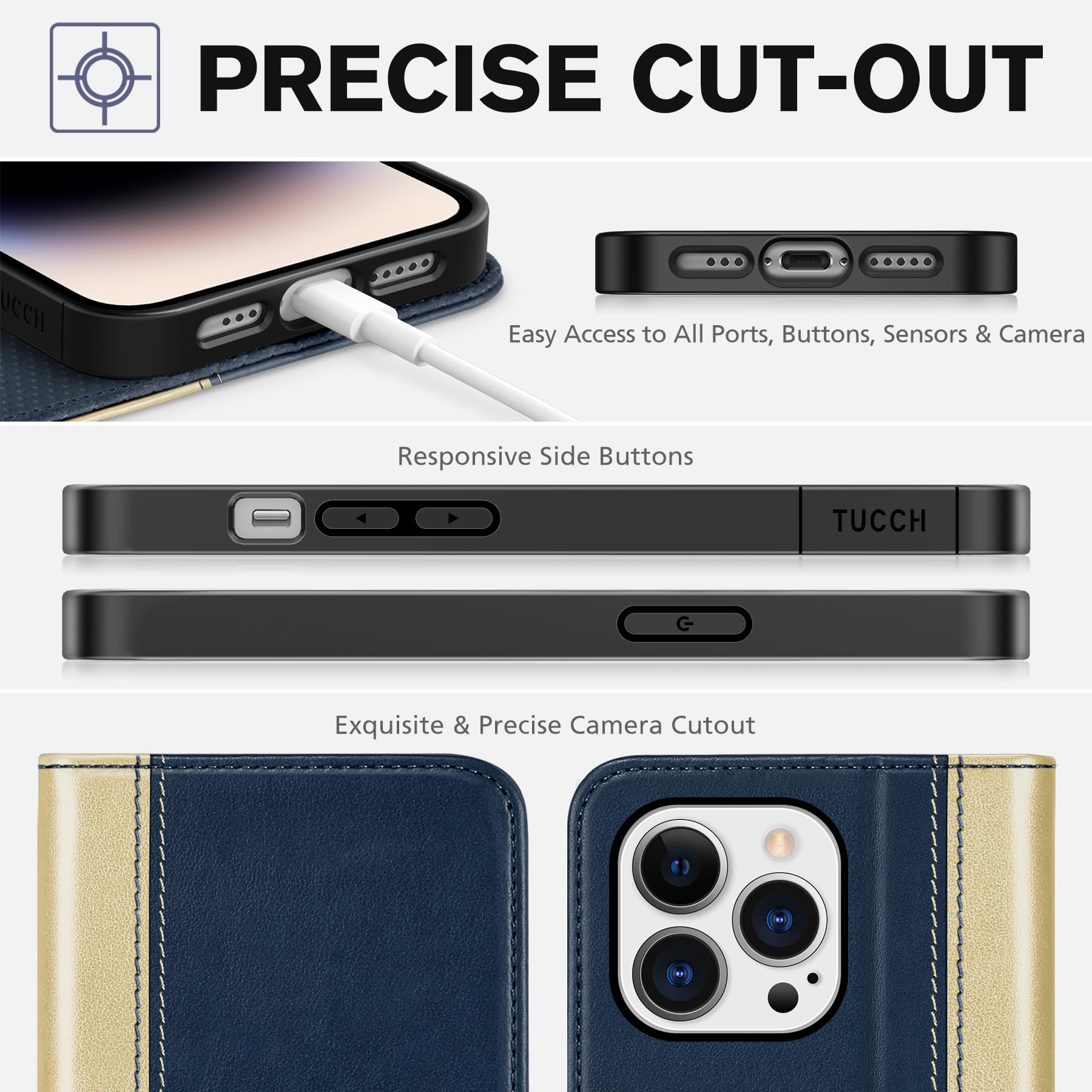 TUCCH Wallet Case for iPhone 14 Pro 6.1 5G, PU Leather Folio Case with [RFID Blocking] [3 Card Slot], Kickstand Book Design [Shockproof TPU Interior Case] Compatible with iPhone 14 Pro, Dark Blue