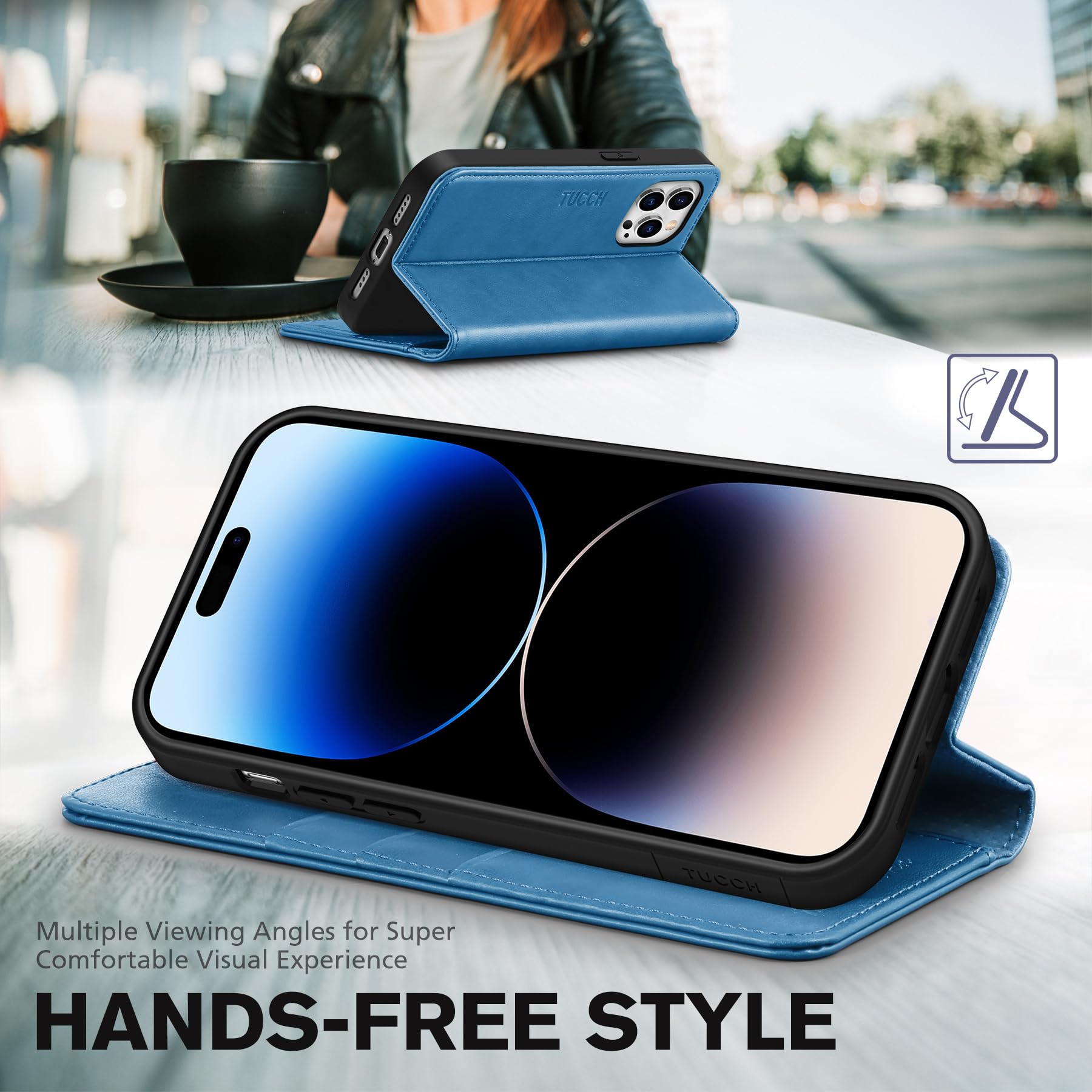 TUCCH Wallet Case for iPhone 14 Pro 6.1 5G, PU Leather Folio Case with [RFID Blocking] [3 Card Slot], Kickstand Book Design [Shockproof TPU Interior Case] Compatible with iPhone 14 Pro, Dark Blue