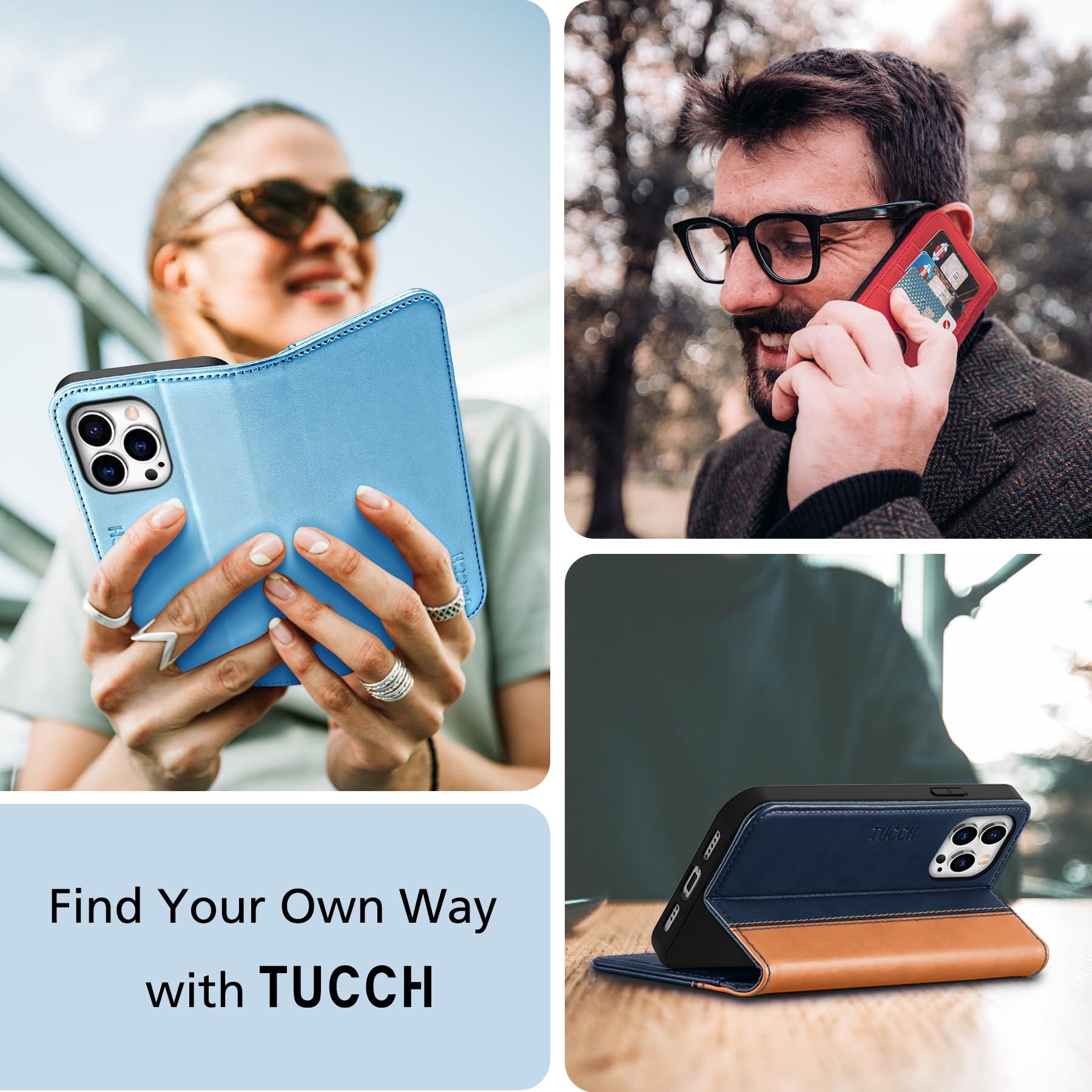 TUCCH Wallet Case for iPhone 14 Pro 6.1 5G, PU Leather Folio Case with [RFID Blocking] [3 Card Slot], Kickstand Book Design [Shockproof TPU Interior Case] Compatible with iPhone 14 Pro, Dark Blue