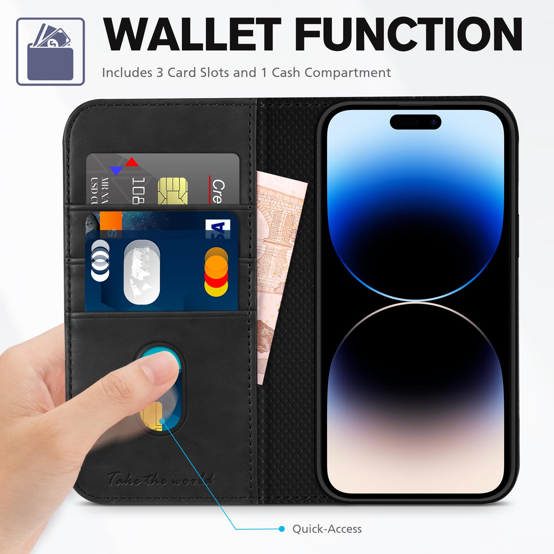 TUCCH Wallet Case for iPhone 14 Pro 6.1 5G, PU Leather Folio Case with [RFID Blocking] [3 Card Slot], Kickstand Book Design [Shockproof TPU Interior Case] Compatible with iPhone 14 Pro, Dark Blue