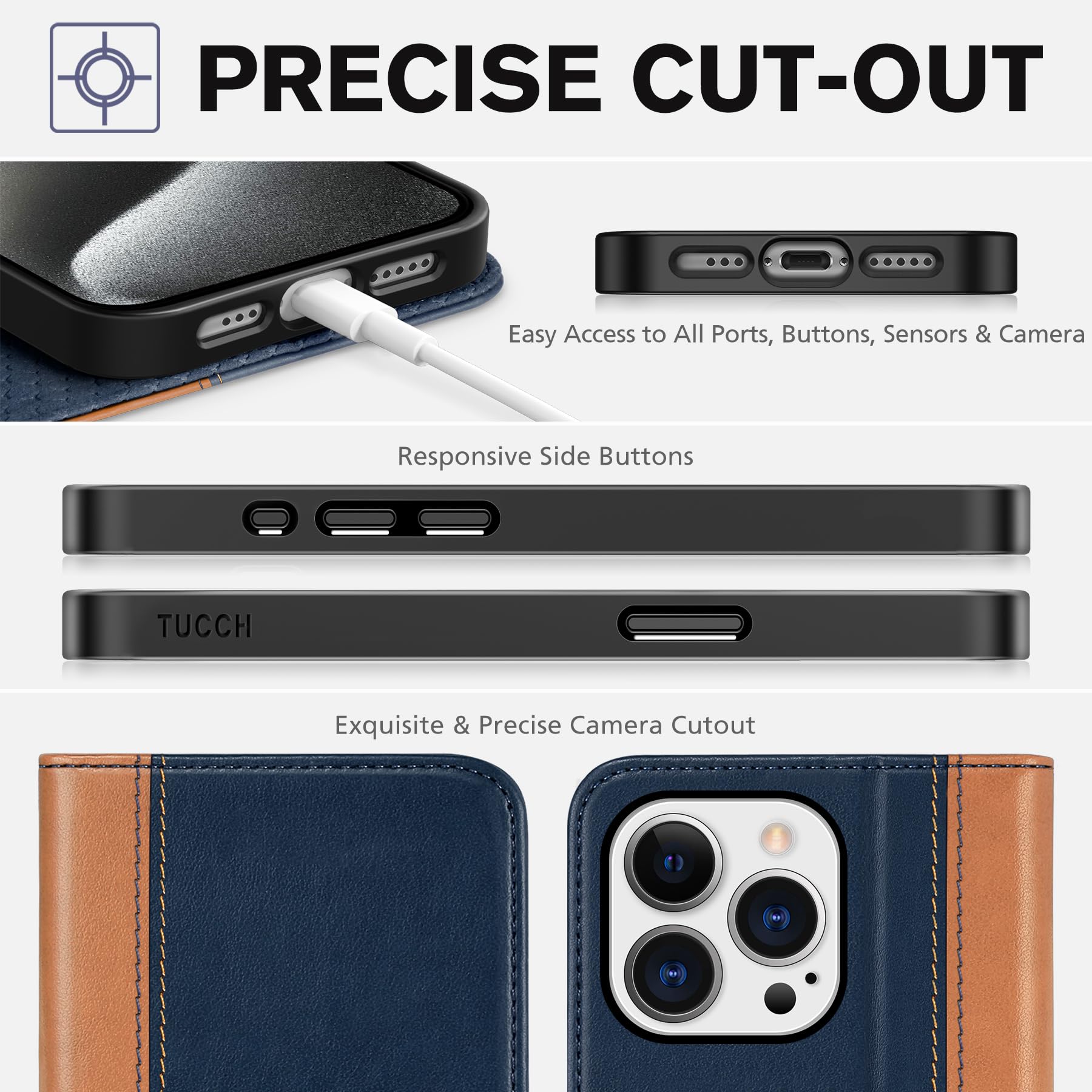 TUCCH Wallet Case for iPhone 15 Pro 6.1", PU Leather Folio with RFID Blocking [3 Card Slot], Kickstand Book Design [Shockproof TPU Interior Case] Compatible with iPhone 15 Pro 5G 2023, Dark Blue