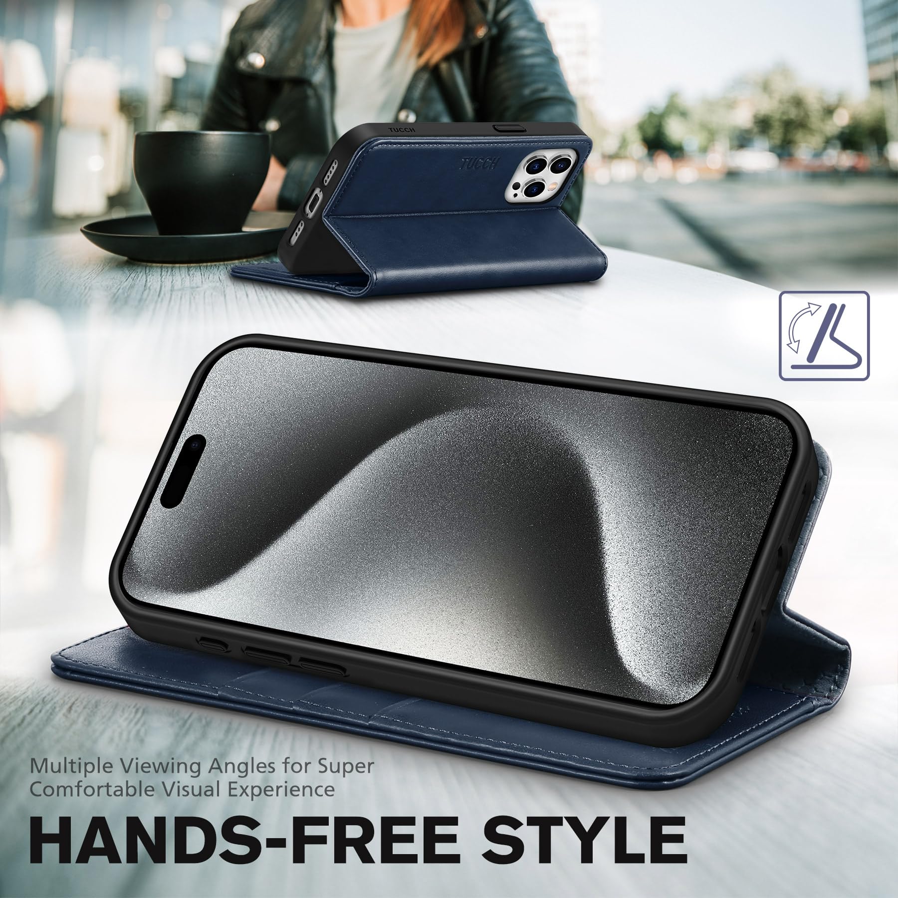TUCCH Wallet Case for iPhone 15 Pro 6.1", PU Leather Folio with RFID Blocking [3 Card Slot], Kickstand Book Design [Shockproof TPU Interior Case] Compatible with iPhone 15 Pro 5G 2023, Dark Blue