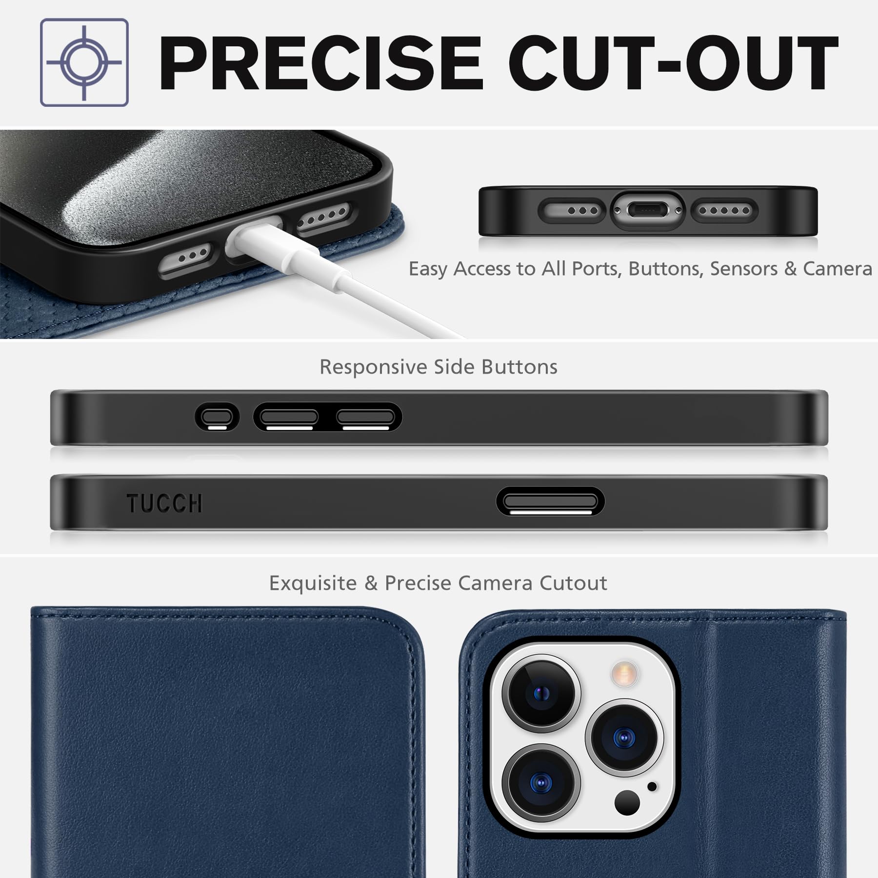 TUCCH Wallet Case for iPhone 15 Pro 6.1", PU Leather Folio with RFID Blocking [3 Card Slot], Kickstand Book Design [Shockproof TPU Interior Case] Compatible with iPhone 15 Pro 5G 2023, Dark Blue