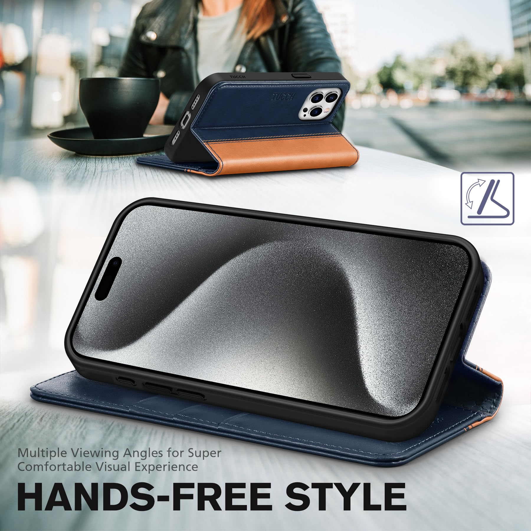 TUCCH Wallet Case for iPhone 15 Pro 6.1", PU Leather Folio with RFID Blocking [3 Card Slot], Kickstand Book Design [Shockproof TPU Interior Case] Compatible with iPhone 15 Pro 5G 2023, Dark Blue