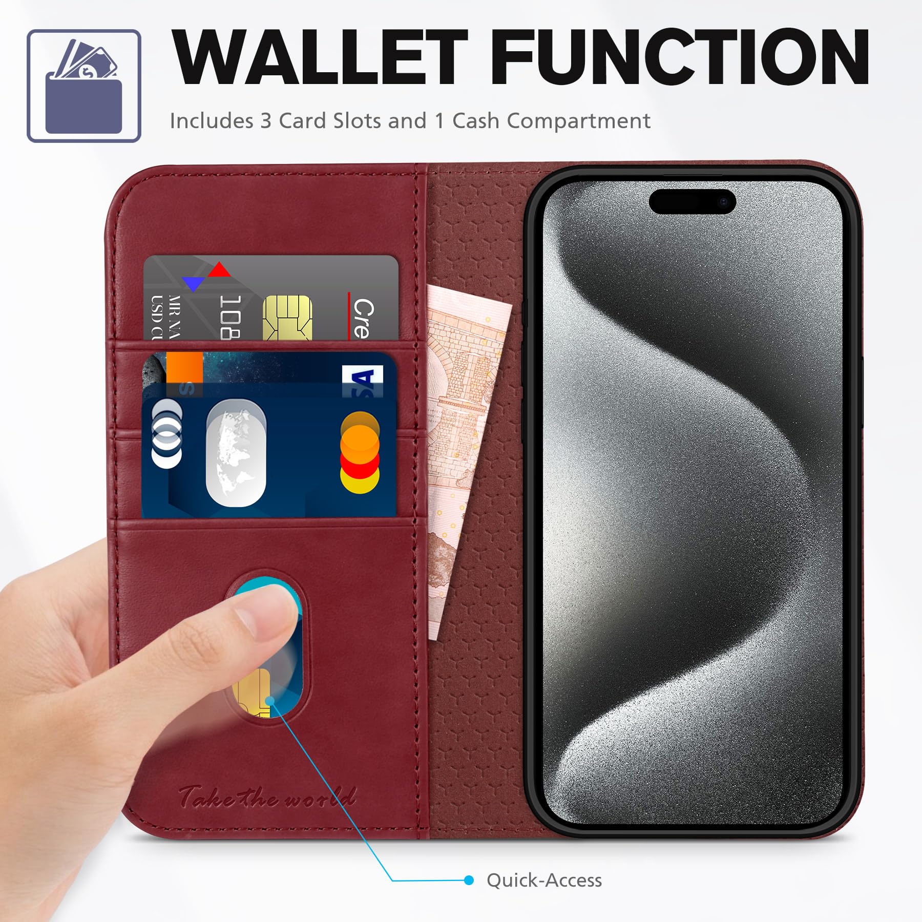 TUCCH Wallet Case for iPhone 15 Pro 6.1", PU Leather Folio with RFID Blocking [3 Card Slot], Kickstand Book Design [Shockproof TPU Interior Case] Compatible with iPhone 15 Pro 5G 2023, Dark Blue
