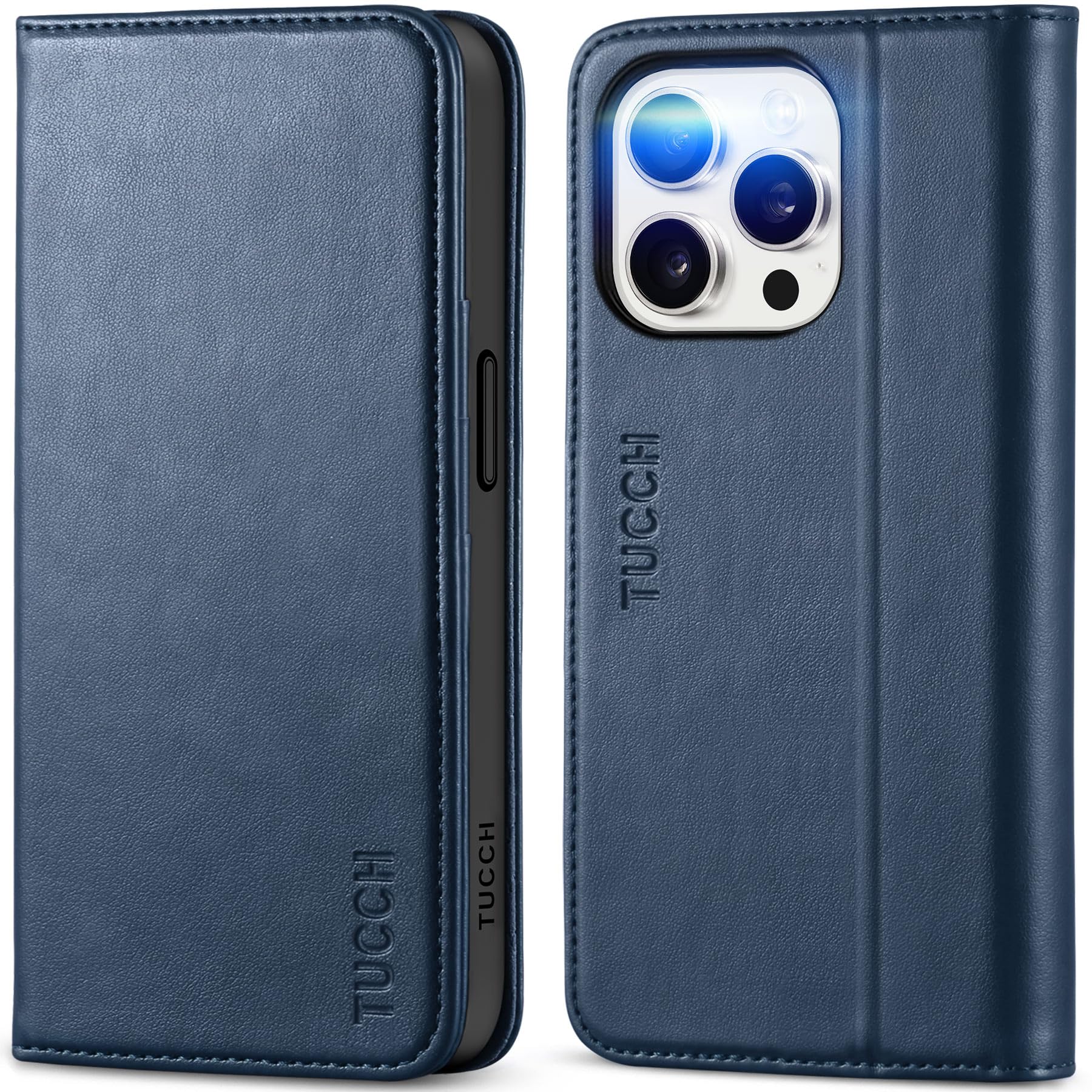 TUCCH Wallet Case for iPhone 15 Pro 6.1", PU Leather Folio with RFID Blocking [3 Card Slot], Kickstand Book Design [Shockproof TPU Interior Case] Compatible with iPhone 15 Pro 5G 2023, Dark Blue