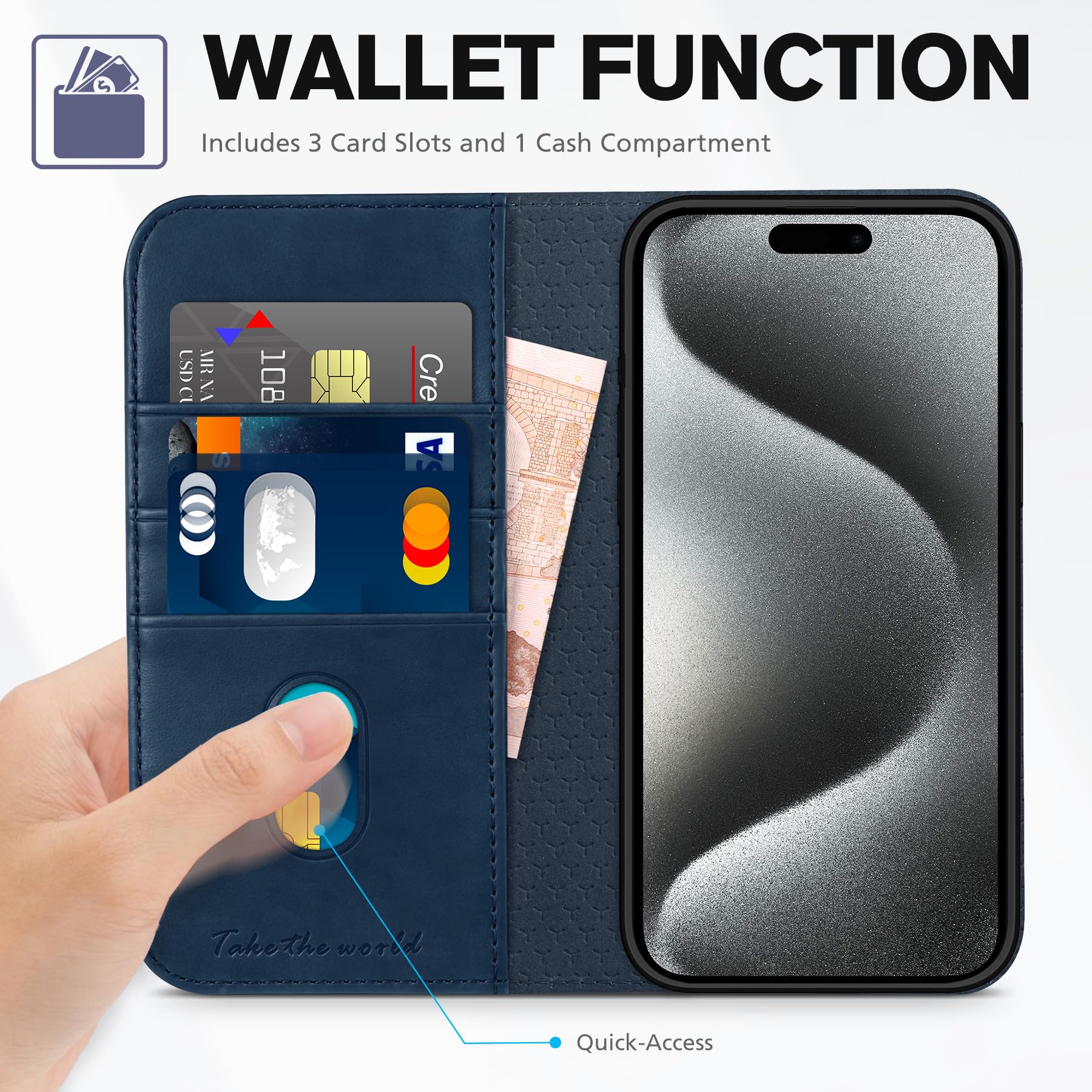 TUCCH Wallet Case for iPhone 15 Pro 6.1", PU Leather Folio with RFID Blocking [3 Card Slot], Kickstand Book Design [Shockproof TPU Interior Case] Compatible with iPhone 15 Pro 5G 2023, Dark Blue