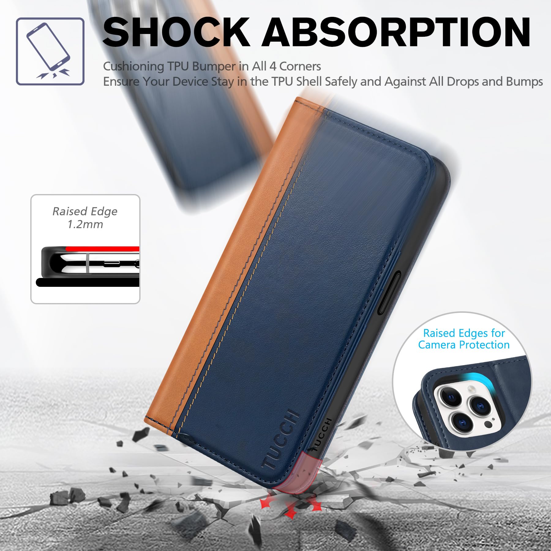 TUCCH Wallet Case for iPhone 15 Pro 6.1", PU Leather Folio with RFID Blocking [3 Card Slot], Kickstand Book Design [Shockproof TPU Interior Case] Compatible with iPhone 15 Pro 5G 2023, Dark Blue