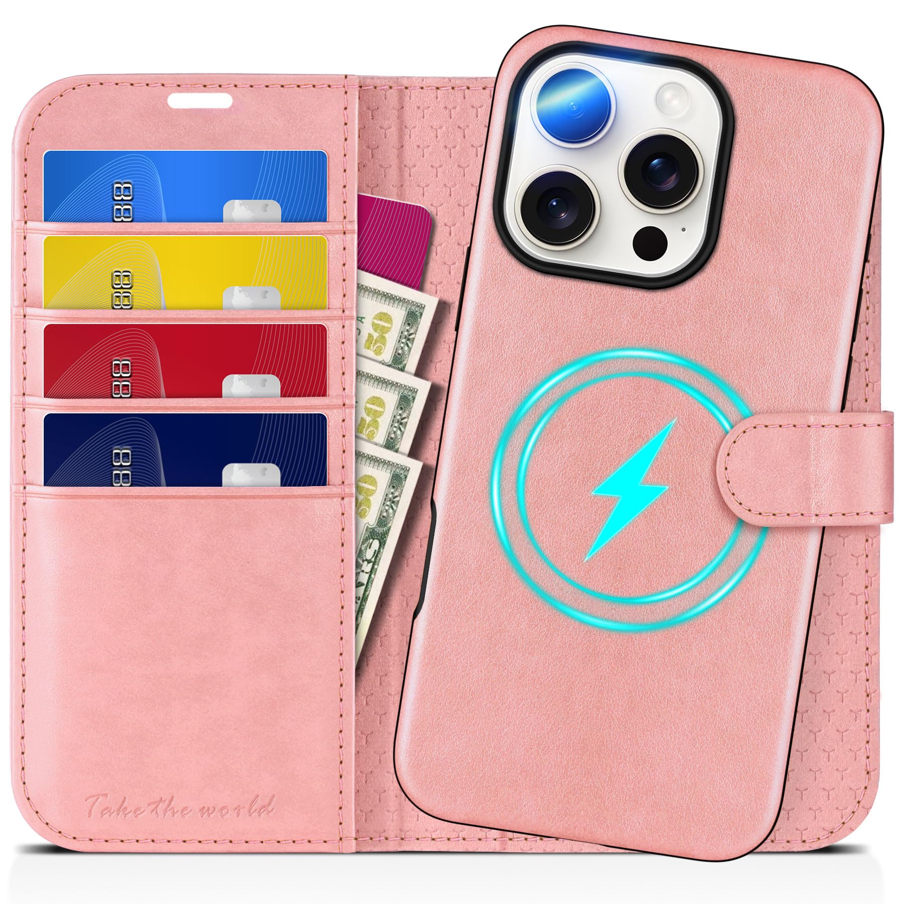 TUCCH Wallet Case for iPhone 16 Pro, [Removable] 2 in 1 [Wireless Charging] RFID Blocking [4 Card Holders] PU Leather Cover, Magnetic Detachable Folding Stand Folio Case for iPhone 16 Pro, Light Brown