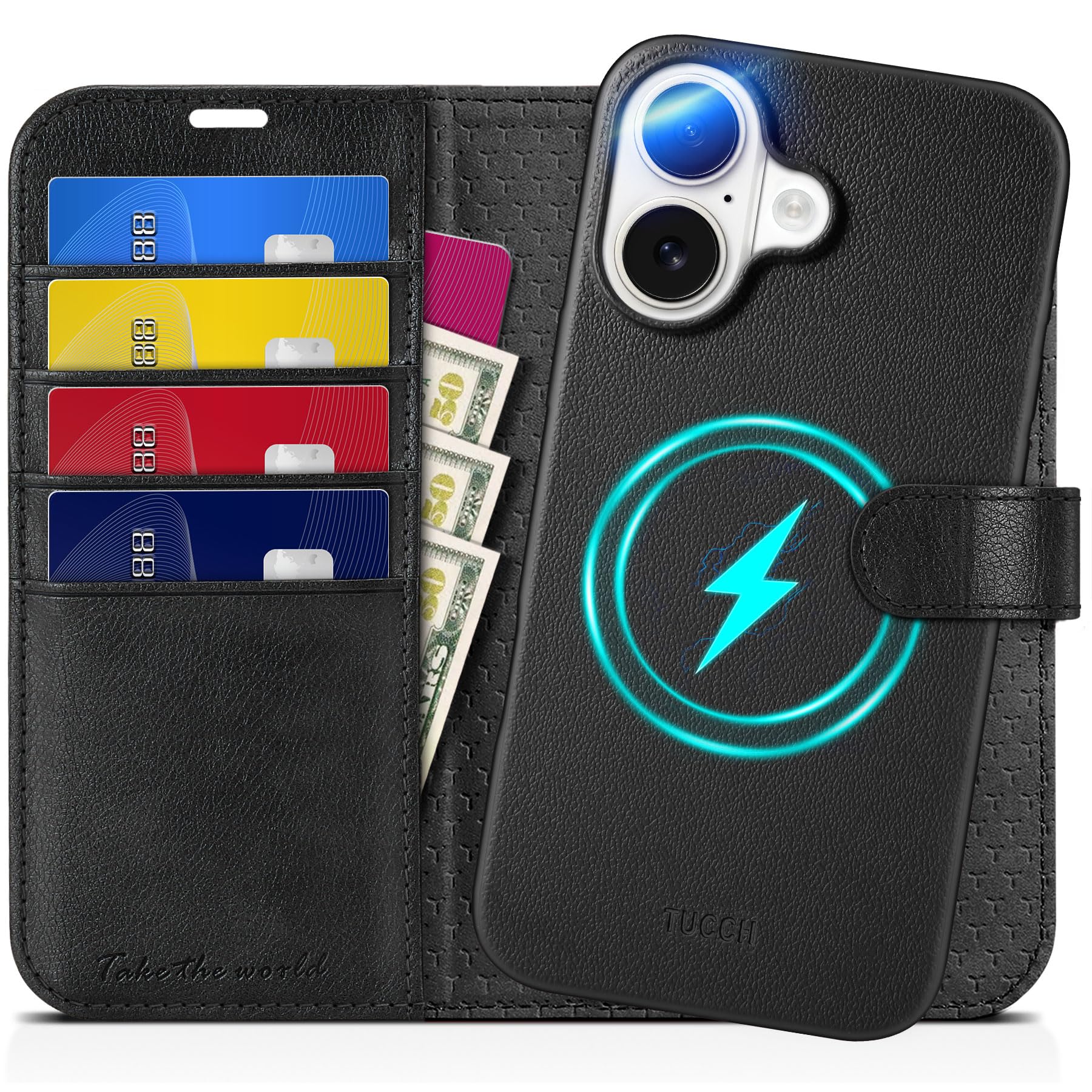 TUCCH Wallet Case for iPhone 16 Pro, [Removable] 2 in 1 [Wireless Charging] RFID Blocking [4 Card Holders] PU Leather Cover, Magnetic Detachable Folding Stand Folio Case for iPhone 16 Pro, Light Brown