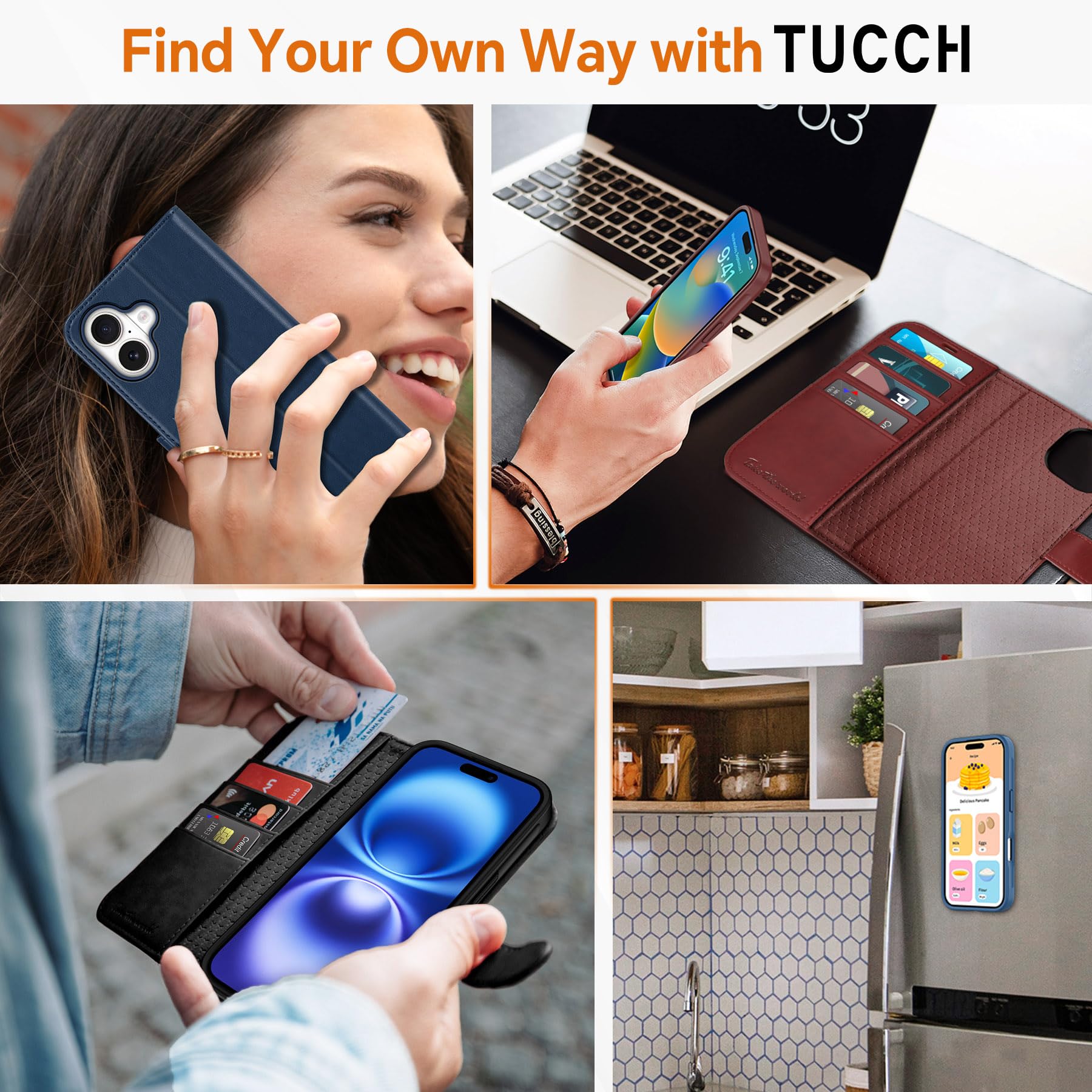 TUCCH Wallet Case for iPhone 16 Pro, [Removable] 2 in 1 [Wireless Charging] RFID Blocking [4 Card Holders] PU Leather Cover, Magnetic Detachable Folding Stand Folio Case for iPhone 16 Pro, Light Brown