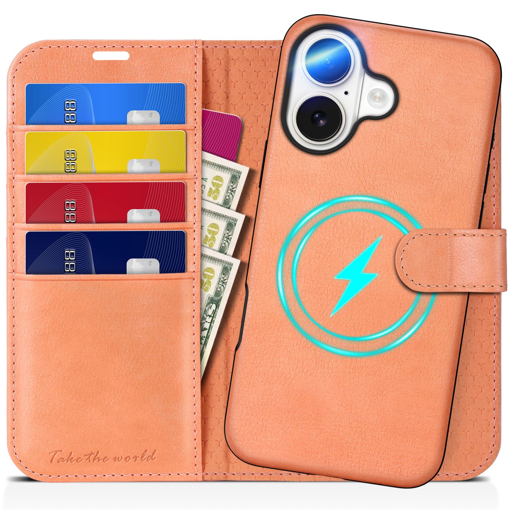 TUCCH Wallet Case for iPhone 16 Pro, [Removable] 2 in 1 [Wireless Charging] RFID Blocking [4 Card Holders] PU Leather Cover, Magnetic Detachable Folding Stand Folio Case for iPhone 16 Pro, Light Brown