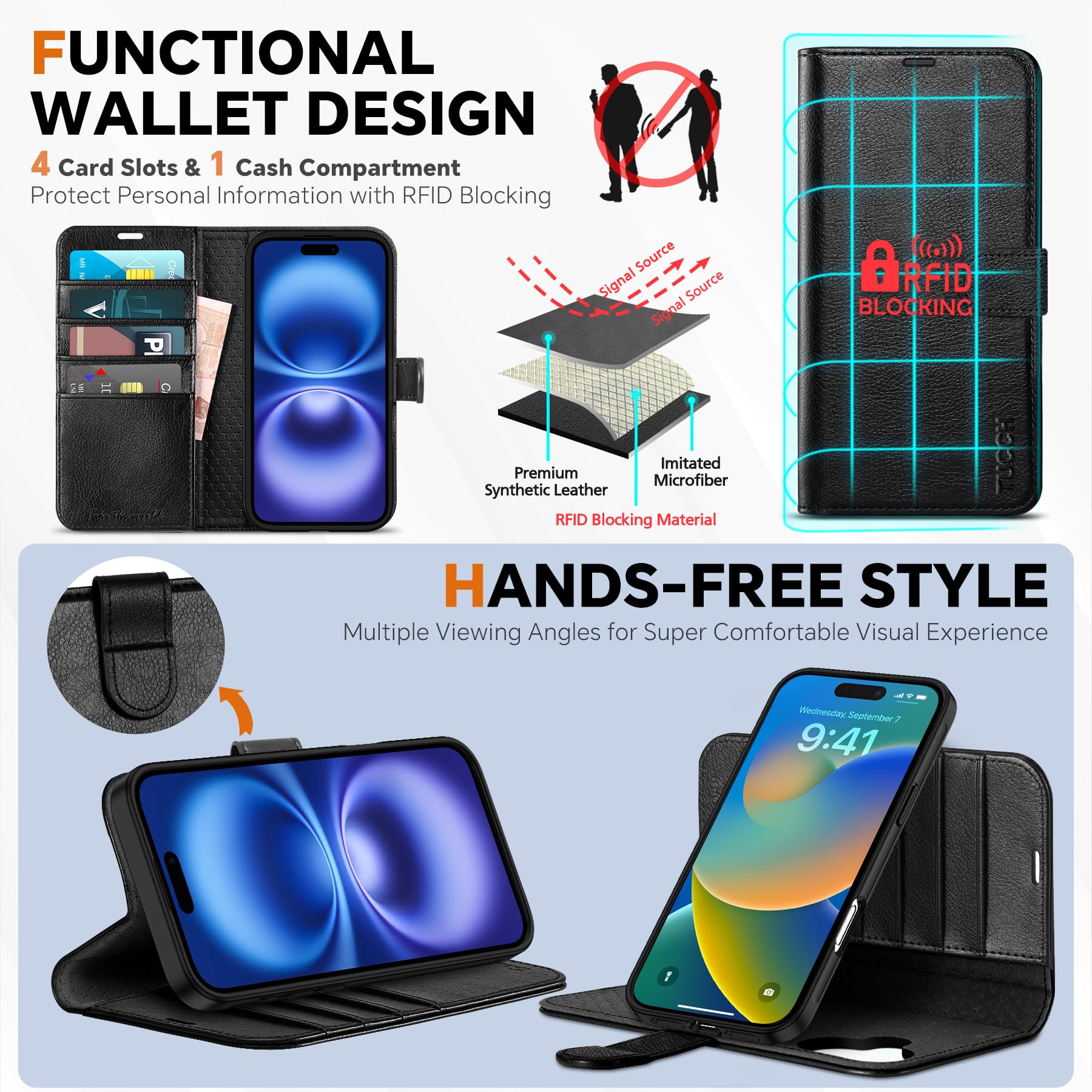 TUCCH Wallet Case for iPhone 16 Pro, [Removable] 2 in 1 [Wireless Charging] RFID Blocking [4 Card Holders] PU Leather Cover, Magnetic Detachable Folding Stand Folio Case for iPhone 16 Pro, Light Brown