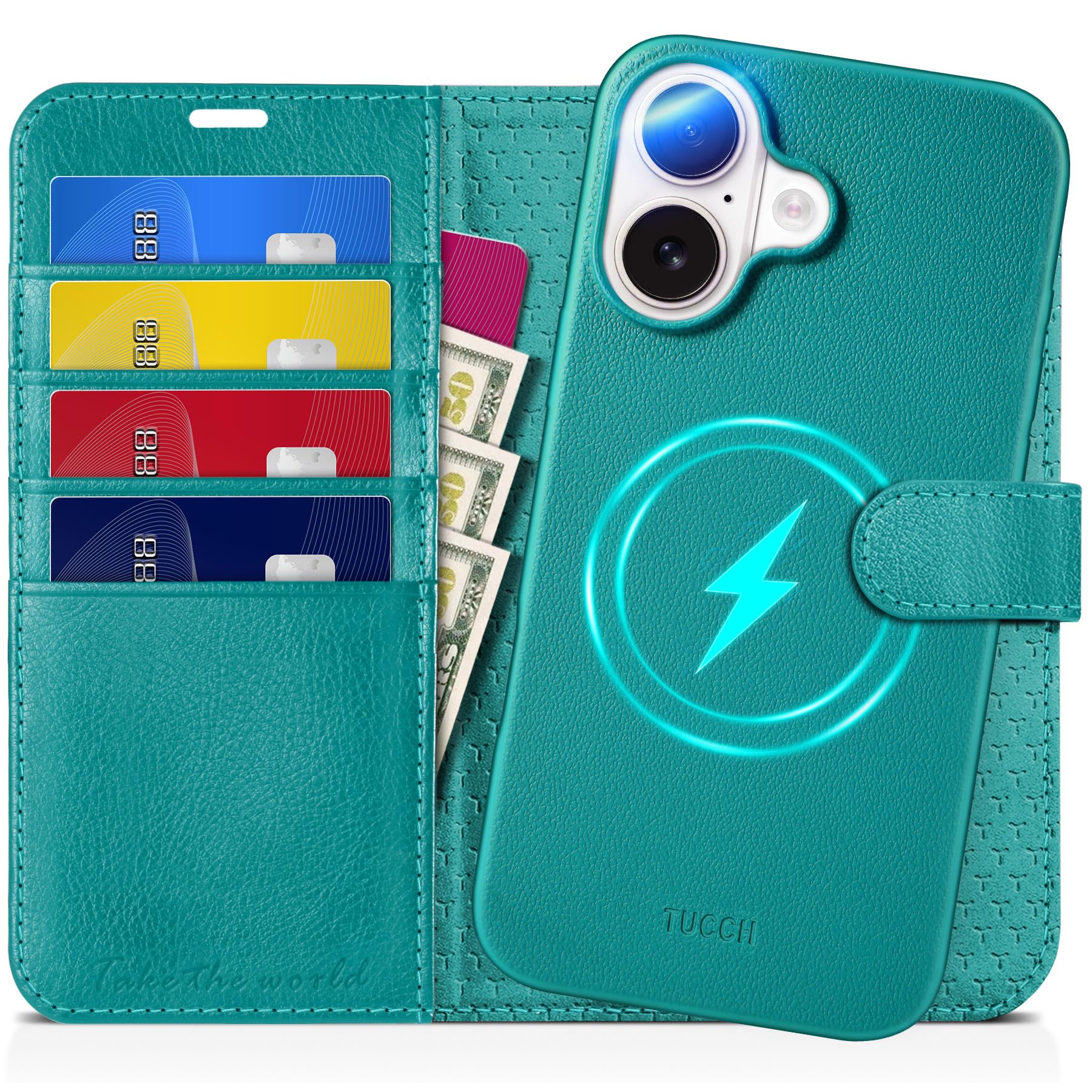 TUCCH Wallet Case for iPhone 16 Pro, [Removable] 2 in 1 [Wireless Charging] RFID Blocking [4 Card Holders] PU Leather Cover, Magnetic Detachable Folding Stand Folio Case for iPhone 16 Pro, Light Brown