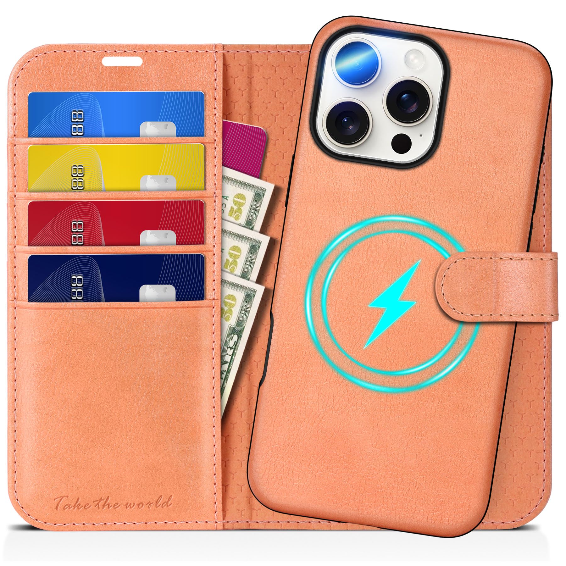 TUCCH Wallet Case for iPhone 16 Pro, [Removable] 2 in 1 [Wireless Charging] RFID Blocking [4 Card Holders] PU Leather Cover, Magnetic Detachable Folding Stand Folio Case for iPhone 16 Pro, Light Brown
