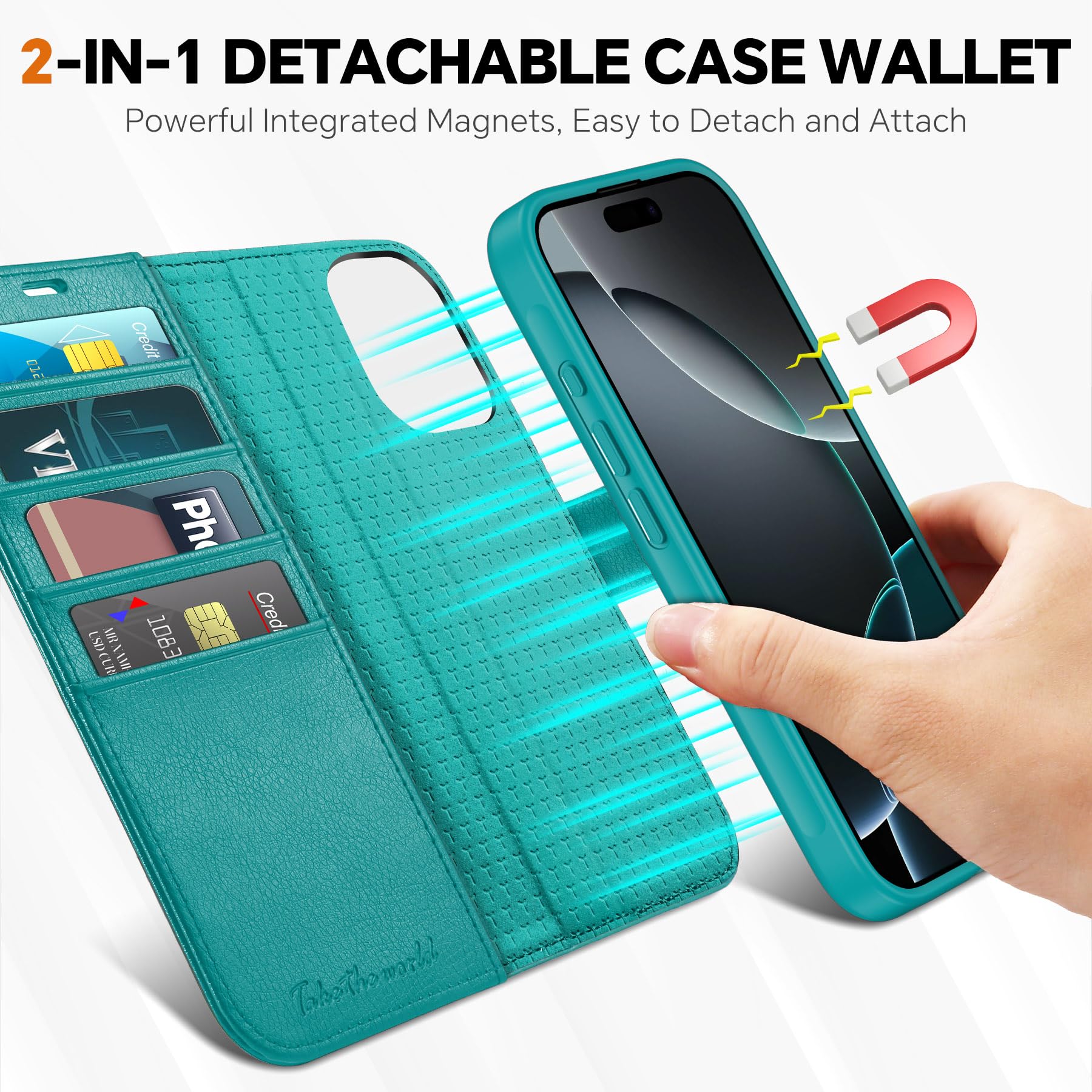 TUCCH Wallet Case for iPhone 16 Pro, [Removable] 2 in 1 [Wireless Charging] RFID Blocking [4 Card Holders] PU Leather Cover, Magnetic Detachable Folding Stand Folio Case for iPhone 16 Pro, Light Brown