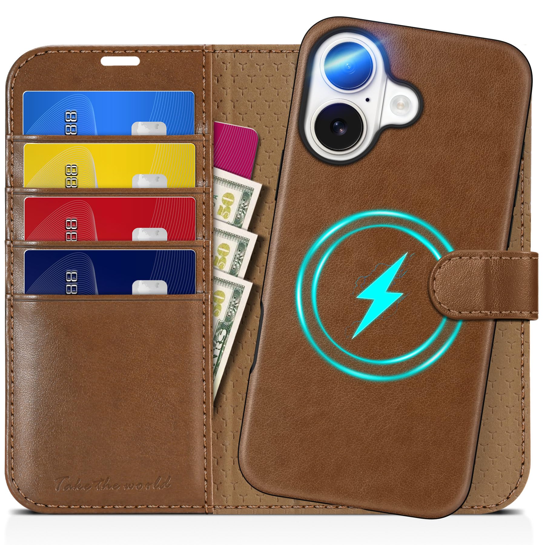 TUCCH Wallet Case for iPhone 16 Pro, [Removable] 2 in 1 [Wireless Charging] RFID Blocking [4 Card Holders] PU Leather Cover, Magnetic Detachable Folding Stand Folio Case for iPhone 16 Pro, Light Brown