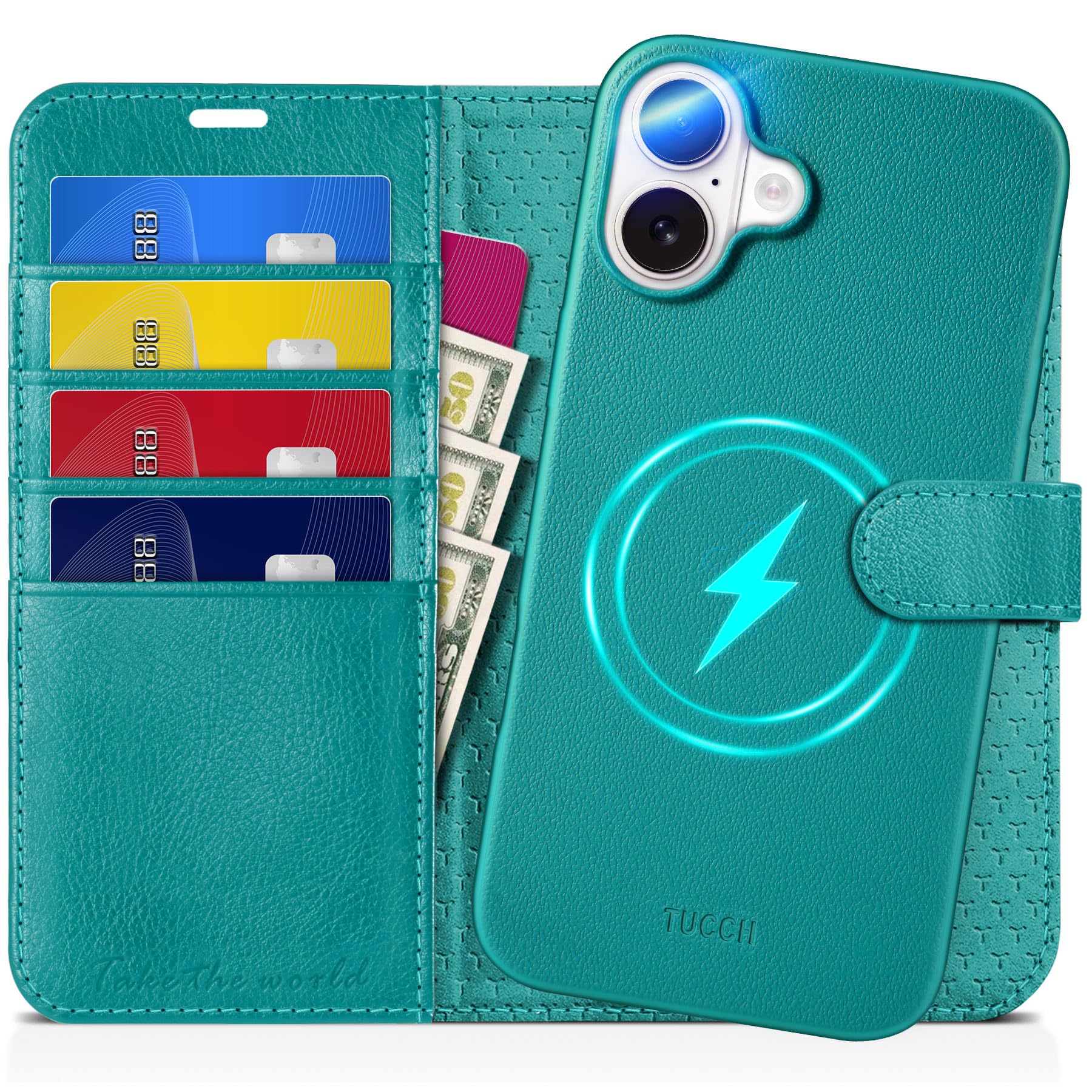 TUCCH Wallet Case for iPhone 16 Pro, [Removable] 2 in 1 [Wireless Charging] RFID Blocking [4 Card Holders] PU Leather Cover, Magnetic Detachable Folding Stand Folio Case for iPhone 16 Pro, Light Brown