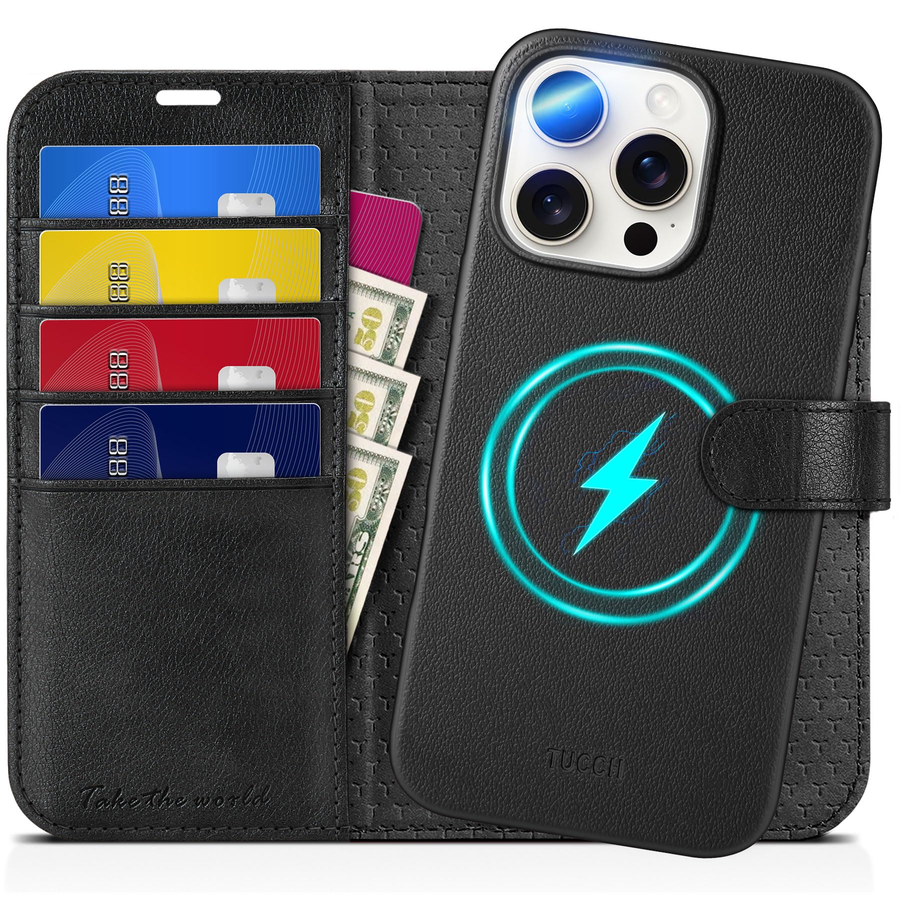 TUCCH Wallet Case for iPhone 16 Pro, [Removable] 2 in 1 [Wireless Charging] RFID Blocking [4 Card Holders] PU Leather Cover, Magnetic Detachable Folding Stand Folio Case for iPhone 16 Pro, Light Brown