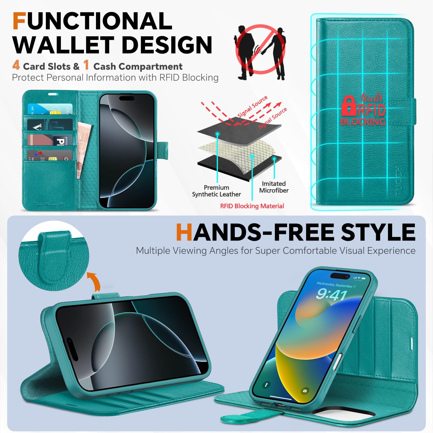 TUCCH Wallet Case for iPhone 16 Pro, [Removable] 2 in 1 [Wireless Charging] RFID Blocking [4 Card Holders] PU Leather Cover, Magnetic Detachable Folding Stand Folio Case for iPhone 16 Pro, Light Brown