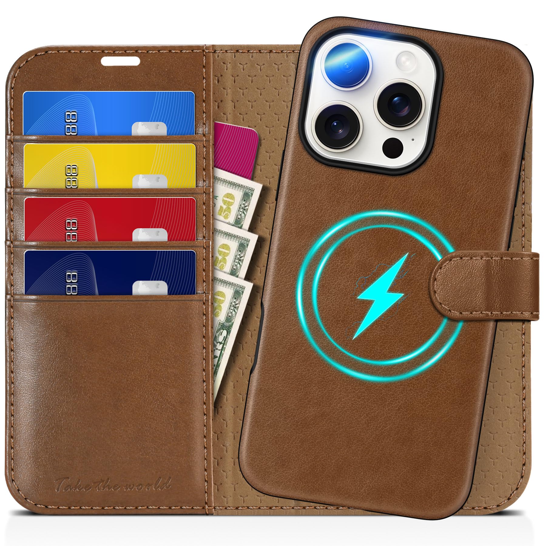 TUCCH Wallet Case for iPhone 16 Pro, [Removable] 2 in 1 [Wireless Charging] RFID Blocking [4 Card Holders] PU Leather Cover, Magnetic Detachable Folding Stand Folio Case for iPhone 16 Pro, Light Brown