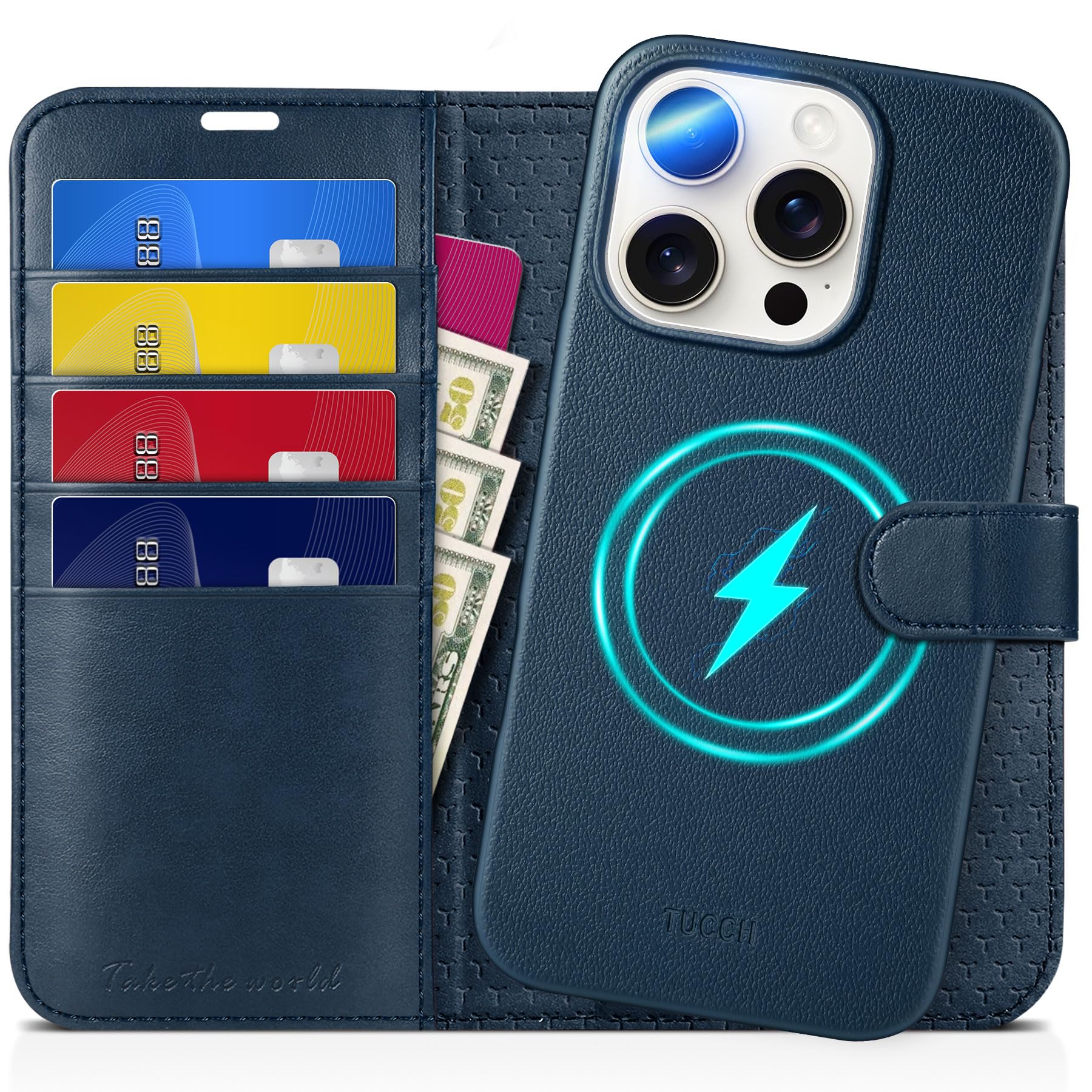 TUCCH Wallet Case for iPhone 16 Pro, [Removable] 2 in 1 [Wireless Charging] RFID Blocking [4 Card Holders] PU Leather Cover, Magnetic Detachable Folding Stand Folio Case for iPhone 16 Pro, Light Brown