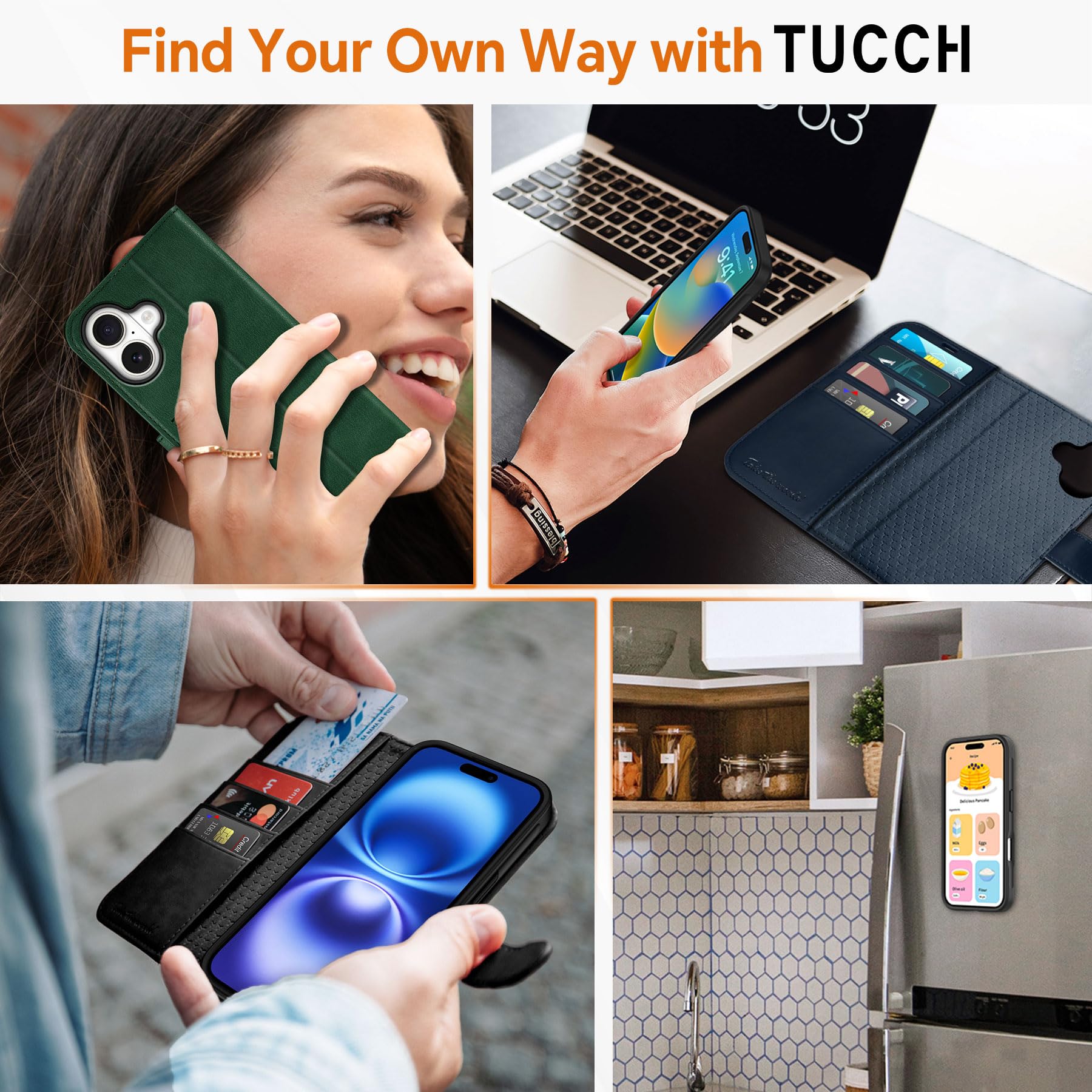 TUCCH Wallet Case for iPhone 16 Pro, [Removable] 2 in 1 [Wireless Charging] RFID Blocking [4 Card Holders] PU Leather Cover, Magnetic Detachable Folding Stand Folio Case for iPhone 16 Pro, Light Brown