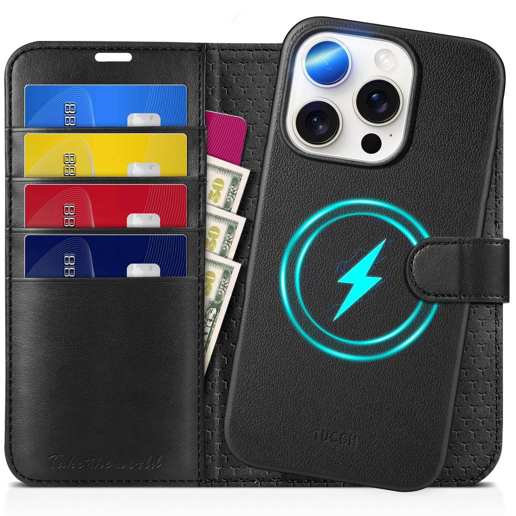 TUCCH Wallet Case for iPhone 16 Pro, [Removable] 2 in 1 [Wireless Charging] RFID Blocking [4 Card Holders] PU Leather Cover, Magnetic Detachable Folding Stand Folio Case for iPhone 16 Pro, Light Brown