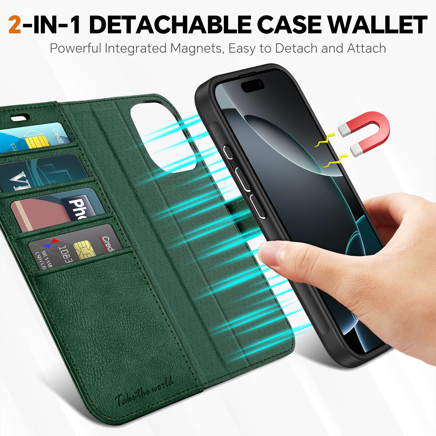 TUCCH Wallet Case for iPhone 16 Pro, [Removable] 2 in 1 [Wireless Charging] RFID Blocking [4 Card Holders] PU Leather Cover, Magnetic Detachable Folding Stand Folio Case for iPhone 16 Pro, Light Brown