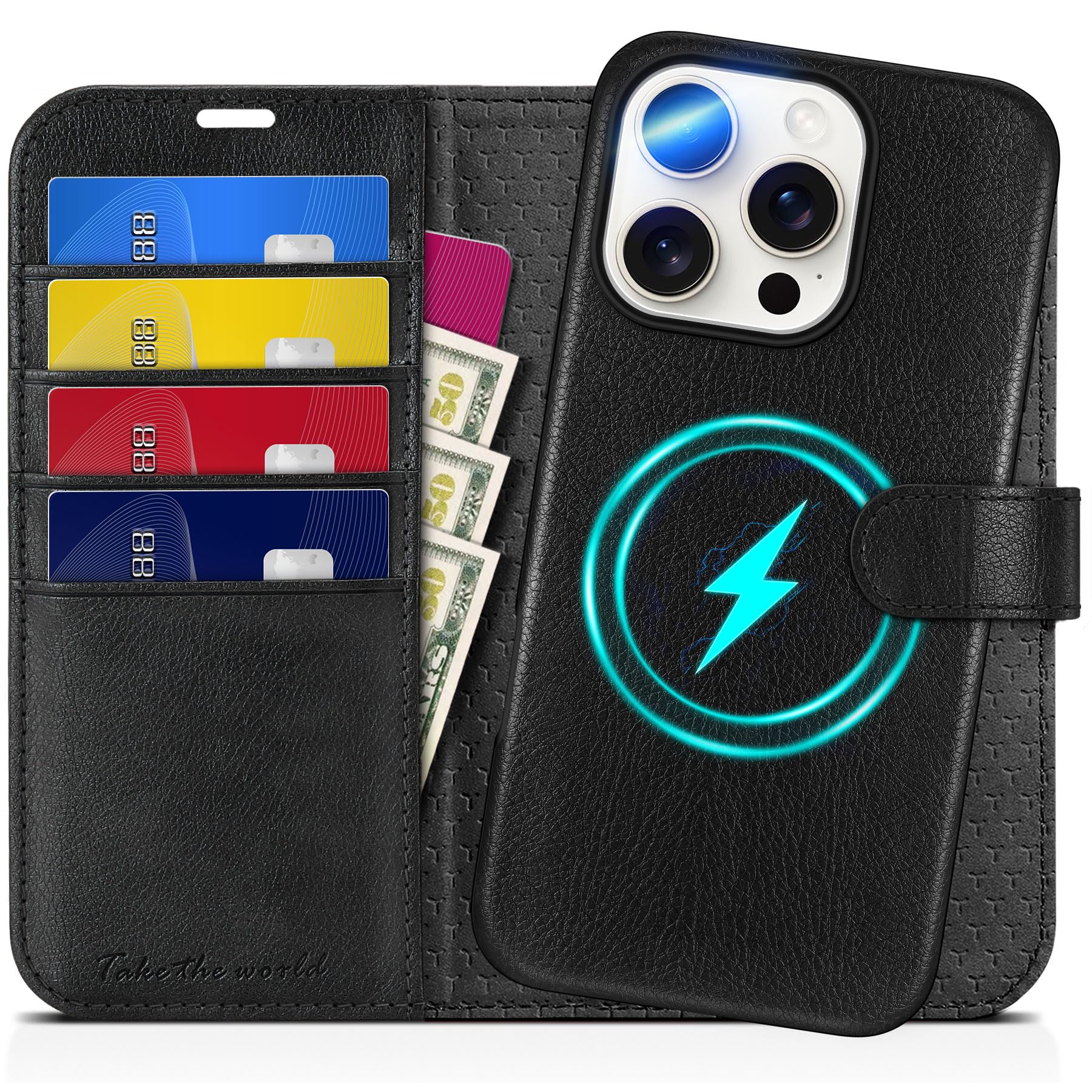 TUCCH Wallet Case for iPhone 16 Pro, [Removable] 2 in 1 [Wireless Charging] RFID Blocking [4 Card Holders] PU Leather Cover, Magnetic Detachable Folding Stand Folio Case for iPhone 16 Pro, Light Brown