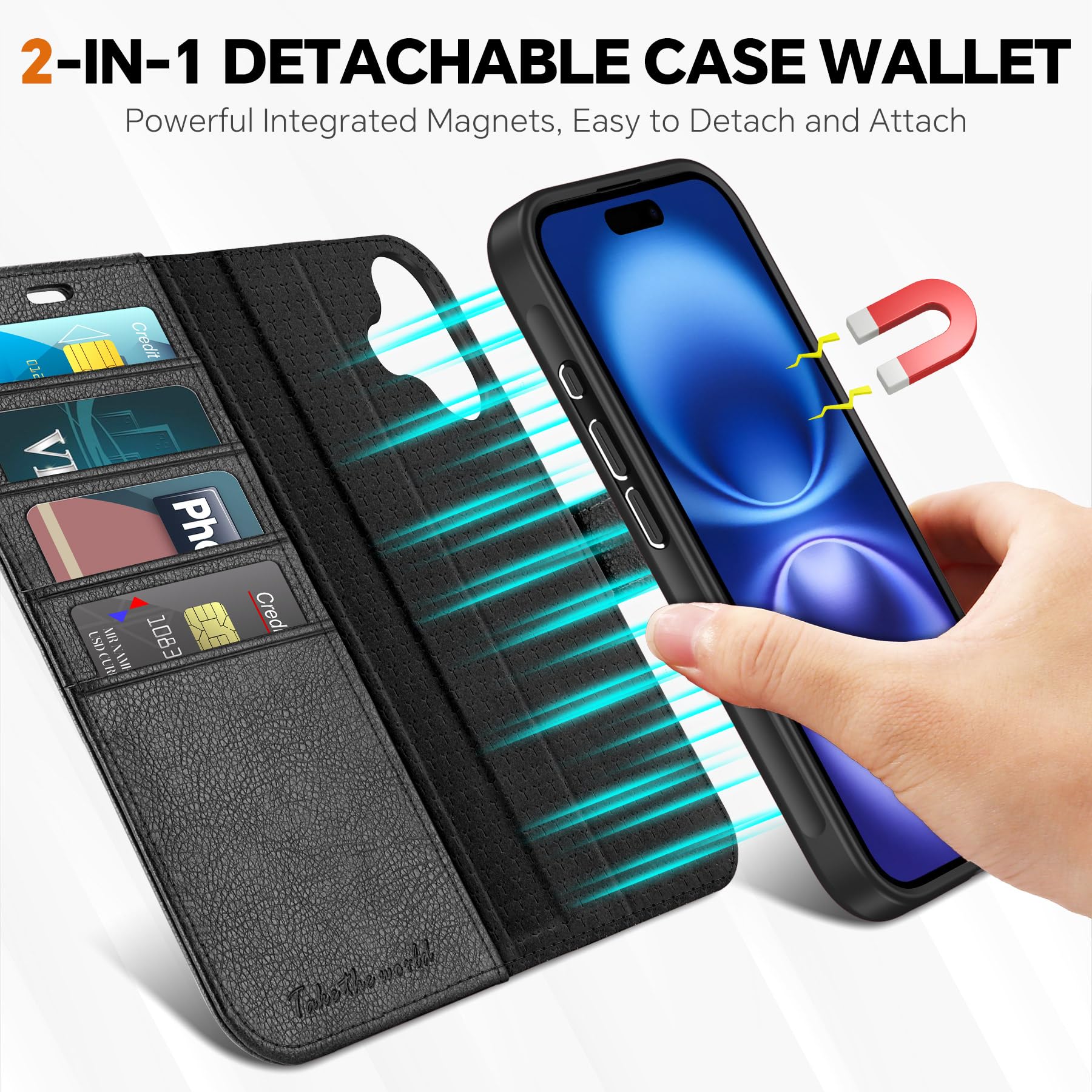 TUCCH Wallet Case for iPhone 16 Pro, [Removable] 2 in 1 [Wireless Charging] RFID Blocking [4 Card Holders] PU Leather Cover, Magnetic Detachable Folding Stand Folio Case for iPhone 16 Pro, Light Brown