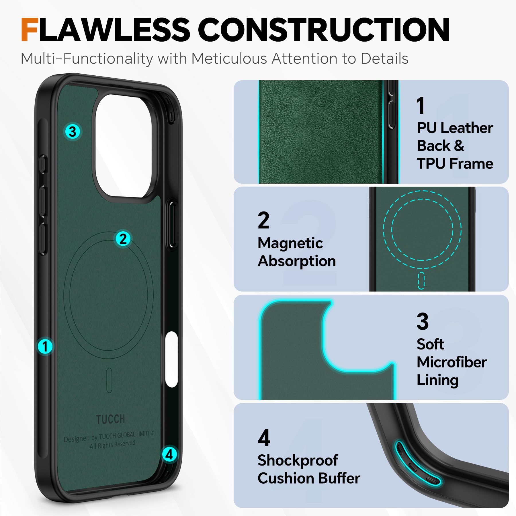 TUCCH Wallet Case for iPhone 16 Pro, [Removable] 2 in 1 [Wireless Charging] RFID Blocking [4 Card Holders] PU Leather Cover, Magnetic Detachable Folding Stand Folio Case for iPhone 16 Pro, Light Brown