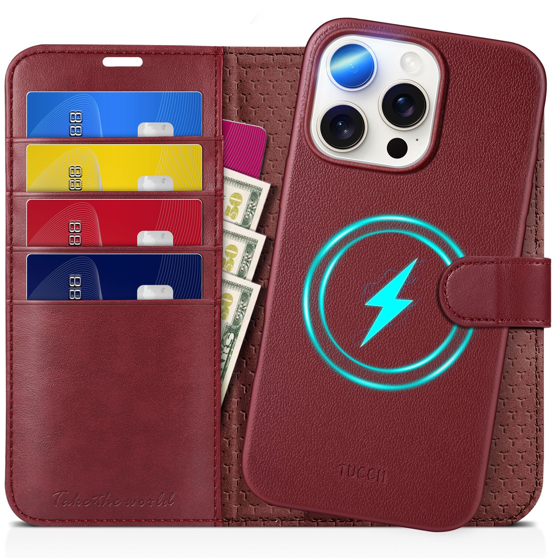 TUCCH Wallet Case for iPhone 16 Pro, [Removable] 2 in 1 [Wireless Charging] RFID Blocking [4 Card Holders] PU Leather Cover, Magnetic Detachable Folding Stand Folio Case for iPhone 16 Pro, Light Brown