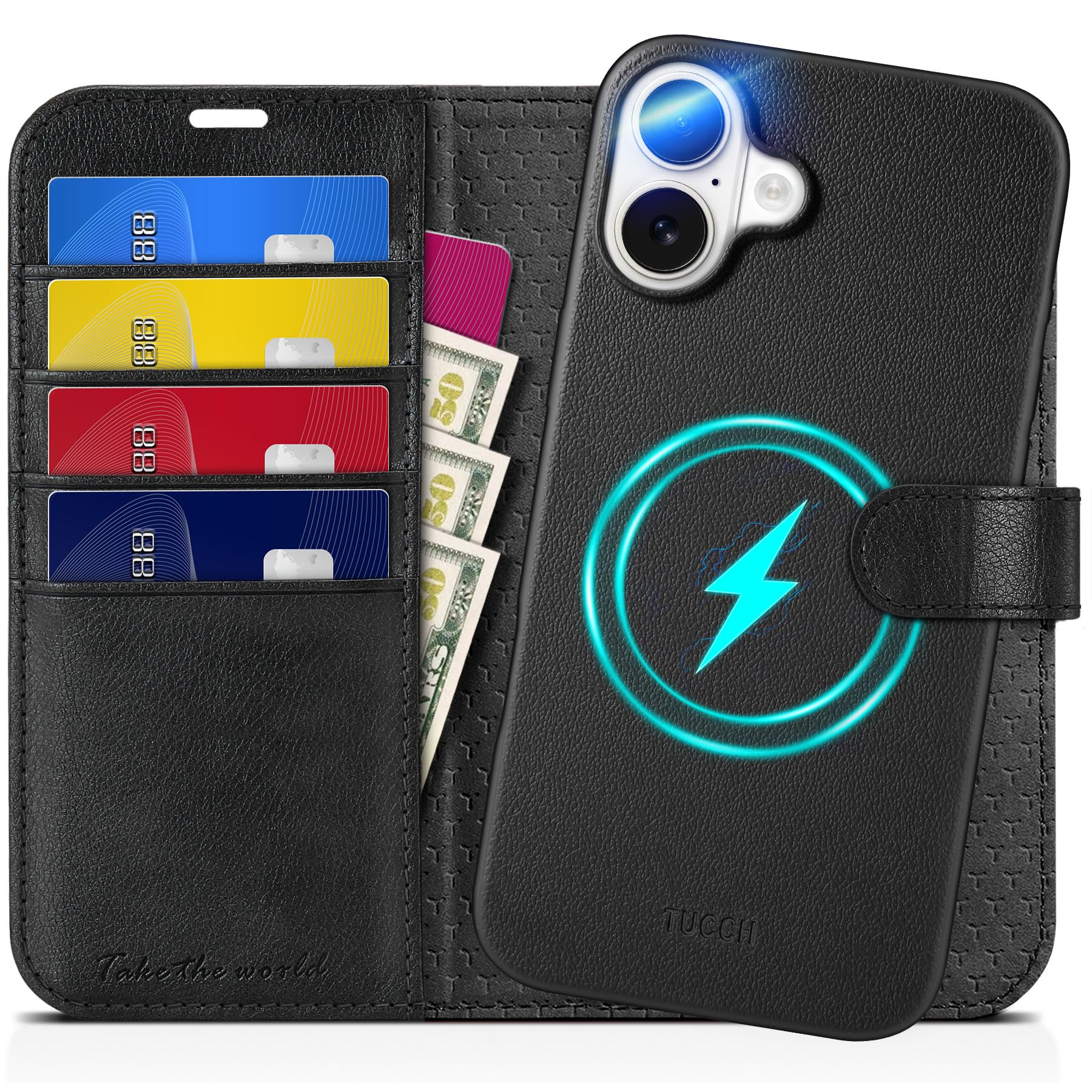 TUCCH Wallet Case for iPhone 16 Pro, [Removable] 2 in 1 [Wireless Charging] RFID Blocking [4 Card Holders] PU Leather Cover, Magnetic Detachable Folding Stand Folio Case for iPhone 16 Pro, Light Brown