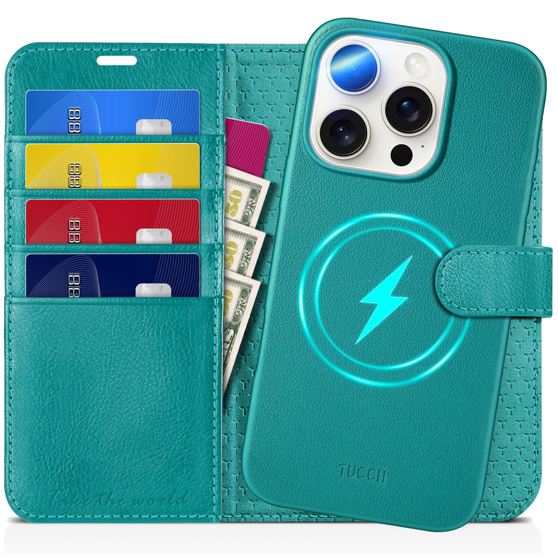 TUCCH Wallet Case for iPhone 16 Pro, [Removable] 2 in 1 [Wireless Charging] RFID Blocking [4 Card Holders] PU Leather Cover, Magnetic Detachable Folding Stand Folio Case for iPhone 16 Pro, Light Brown