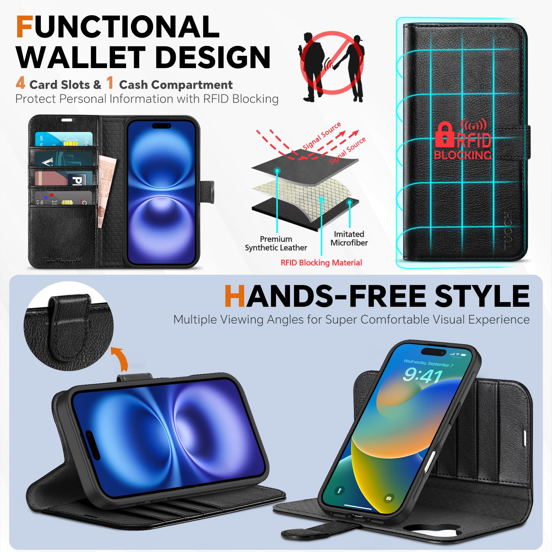 TUCCH Wallet Case for iPhone 16 Pro, [Removable] 2 in 1 [Wireless Charging] RFID Blocking [4 Card Holders] PU Leather Cover, Magnetic Detachable Folding Stand Folio Case for iPhone 16 Pro, Light Brown